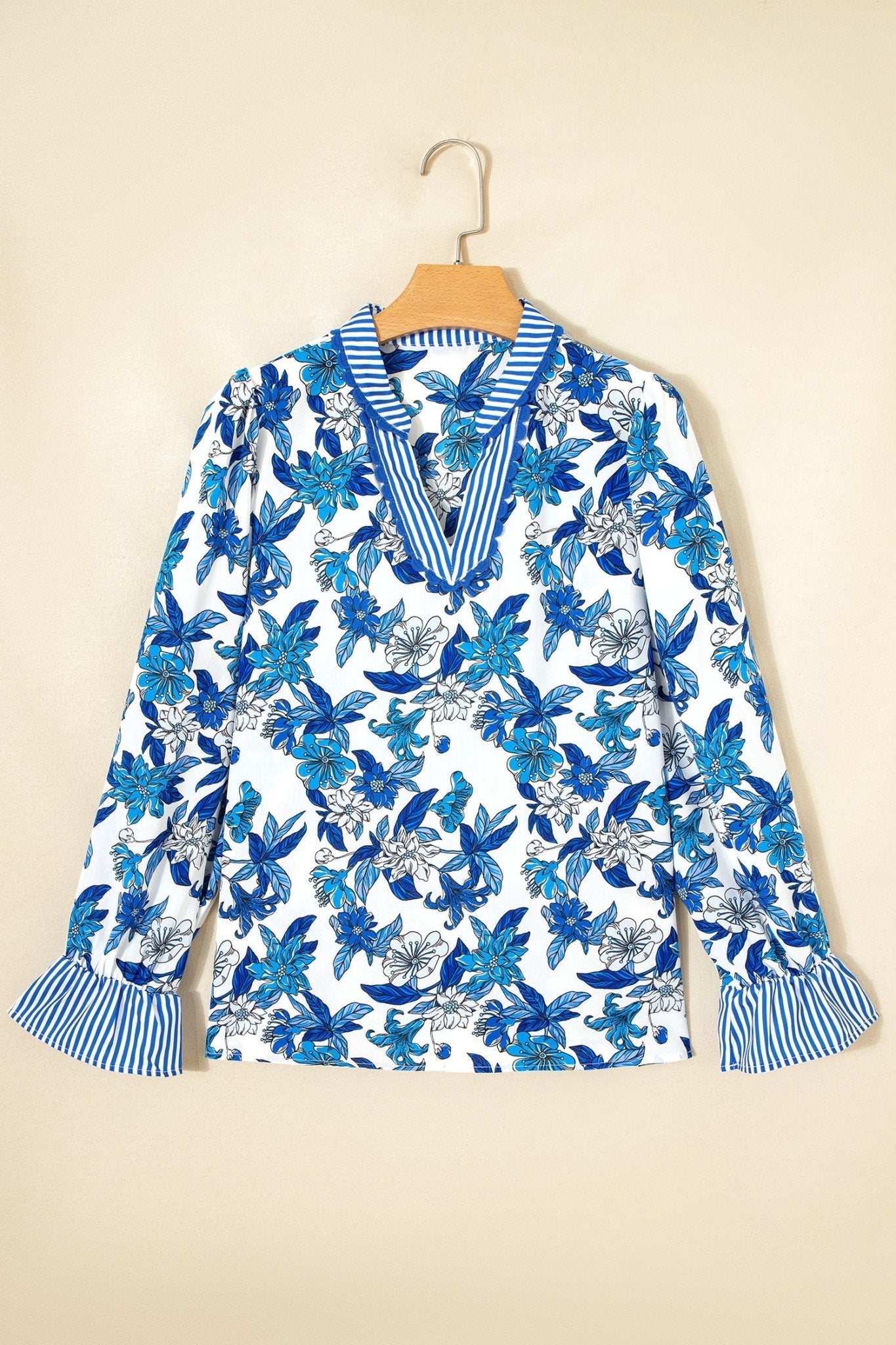 Floral Stripe Patchwork V-Neck Flounce Sleeve Blouse - Rooted & Reckless Co.