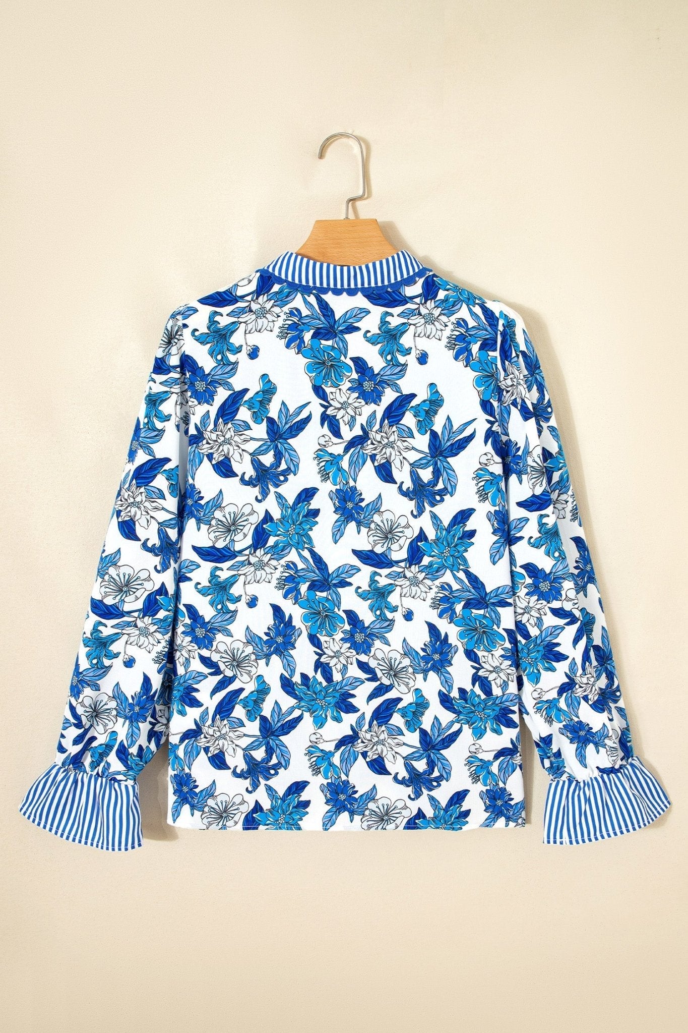 Floral Stripe Patchwork V-Neck Flounce Sleeve Blouse - Rooted & Reckless Co.