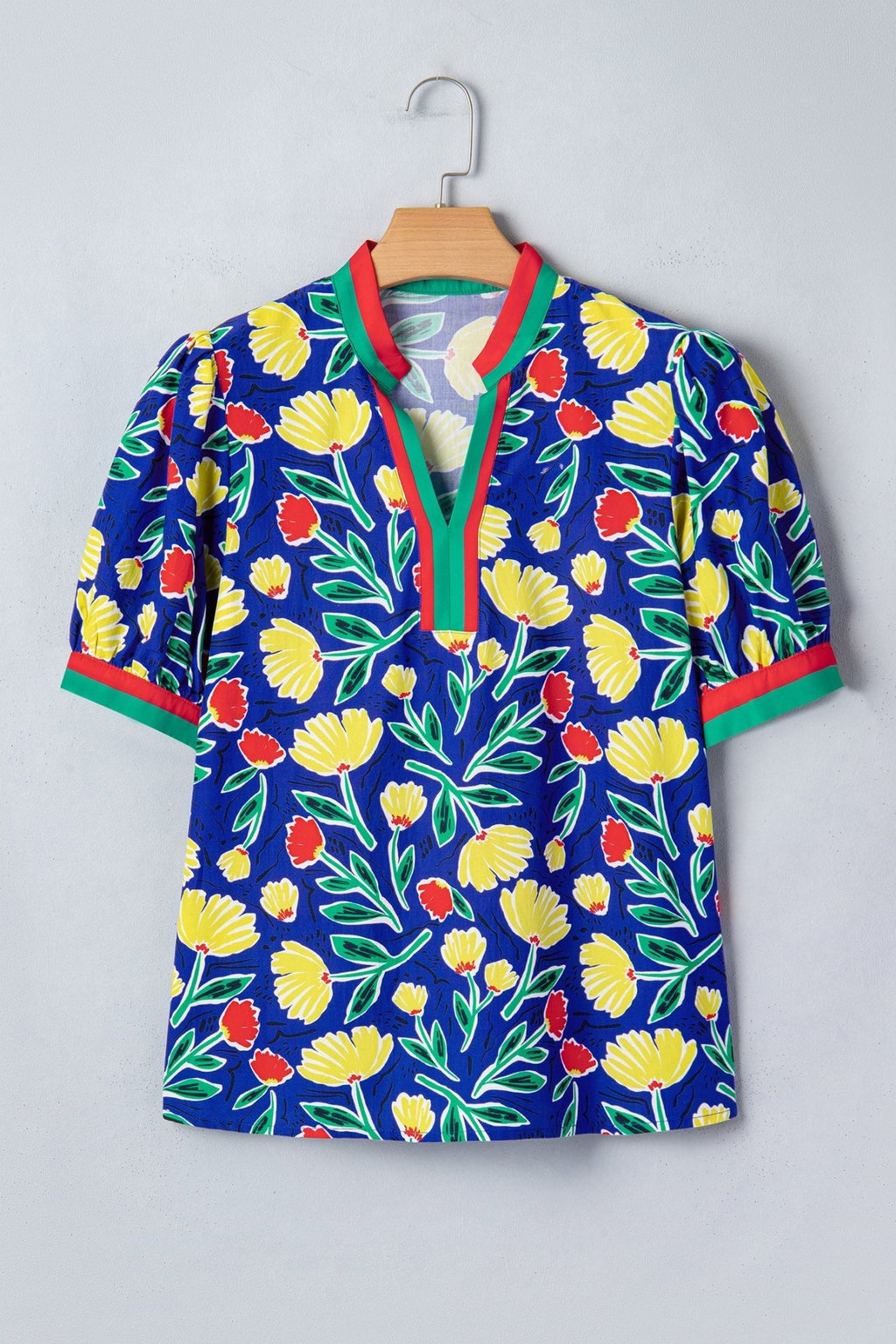 Floral Stripe Patchwork V-Neck Short Sleeve Blouse - Rooted & Reckless Co.