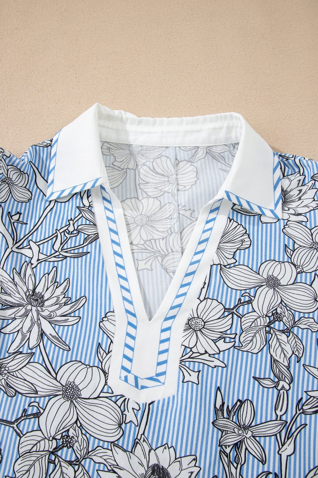 Floral Stripe Polo Collar Short Sleeve Blouse - Rooted & Reckless Co.