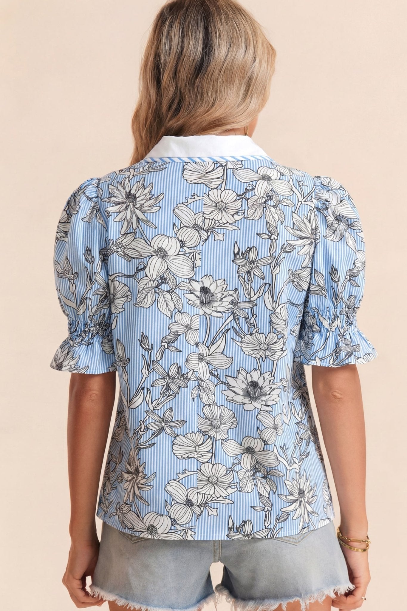 Floral Stripe Polo Collar Short Sleeve Blouse - Rooted & Reckless Co.