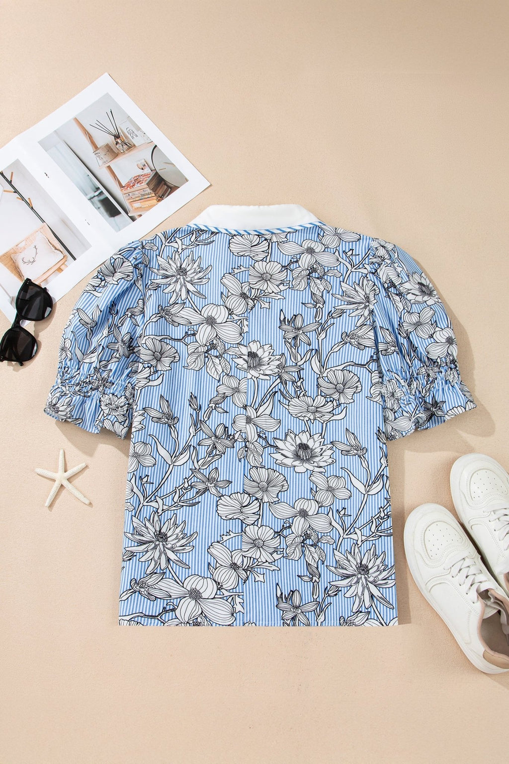 Floral Stripe Polo Collar Short Sleeve Blouse - Rooted & Reckless Co.