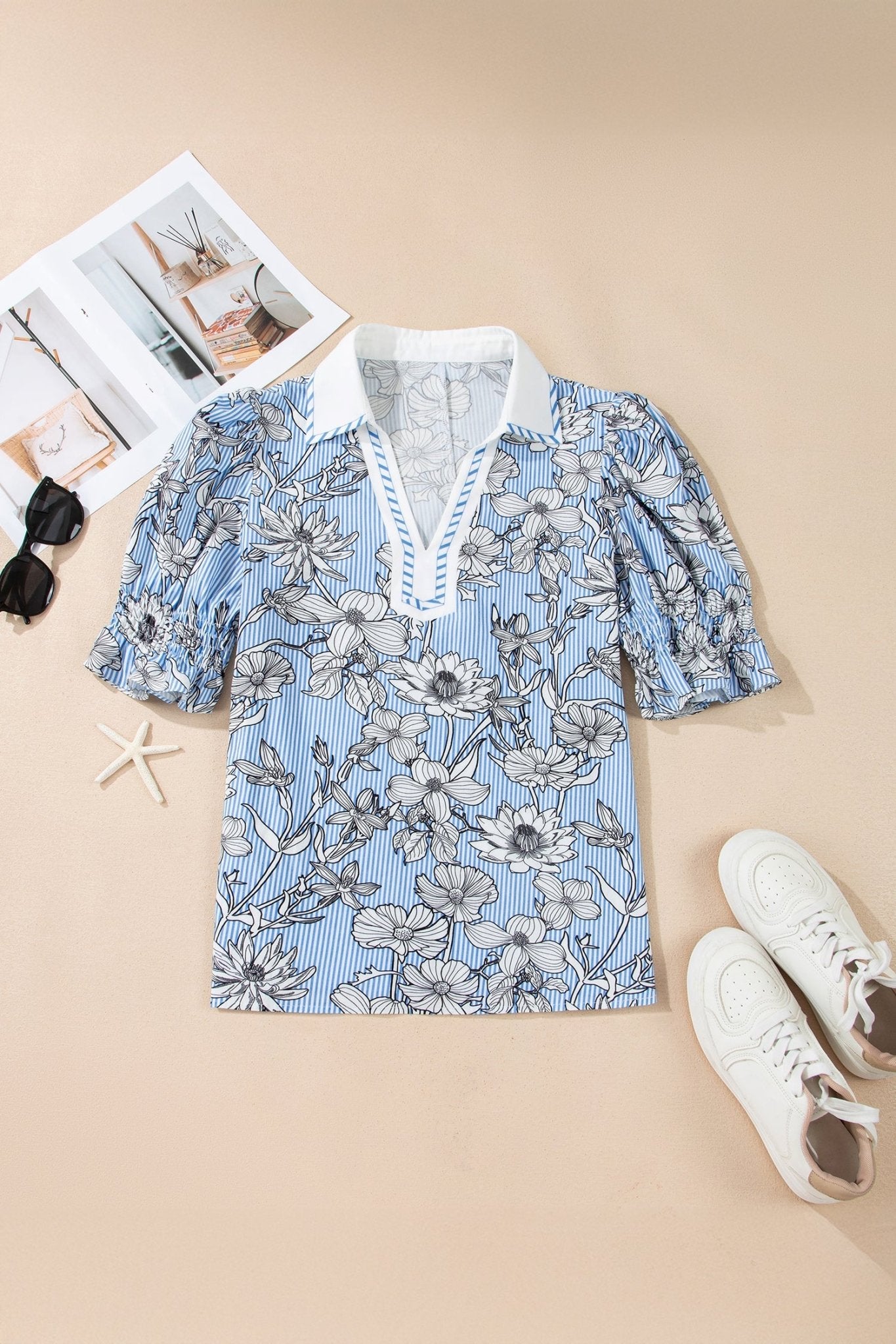 Floral Stripe Polo Collar Short Sleeve Blouse - Rooted & Reckless Co.