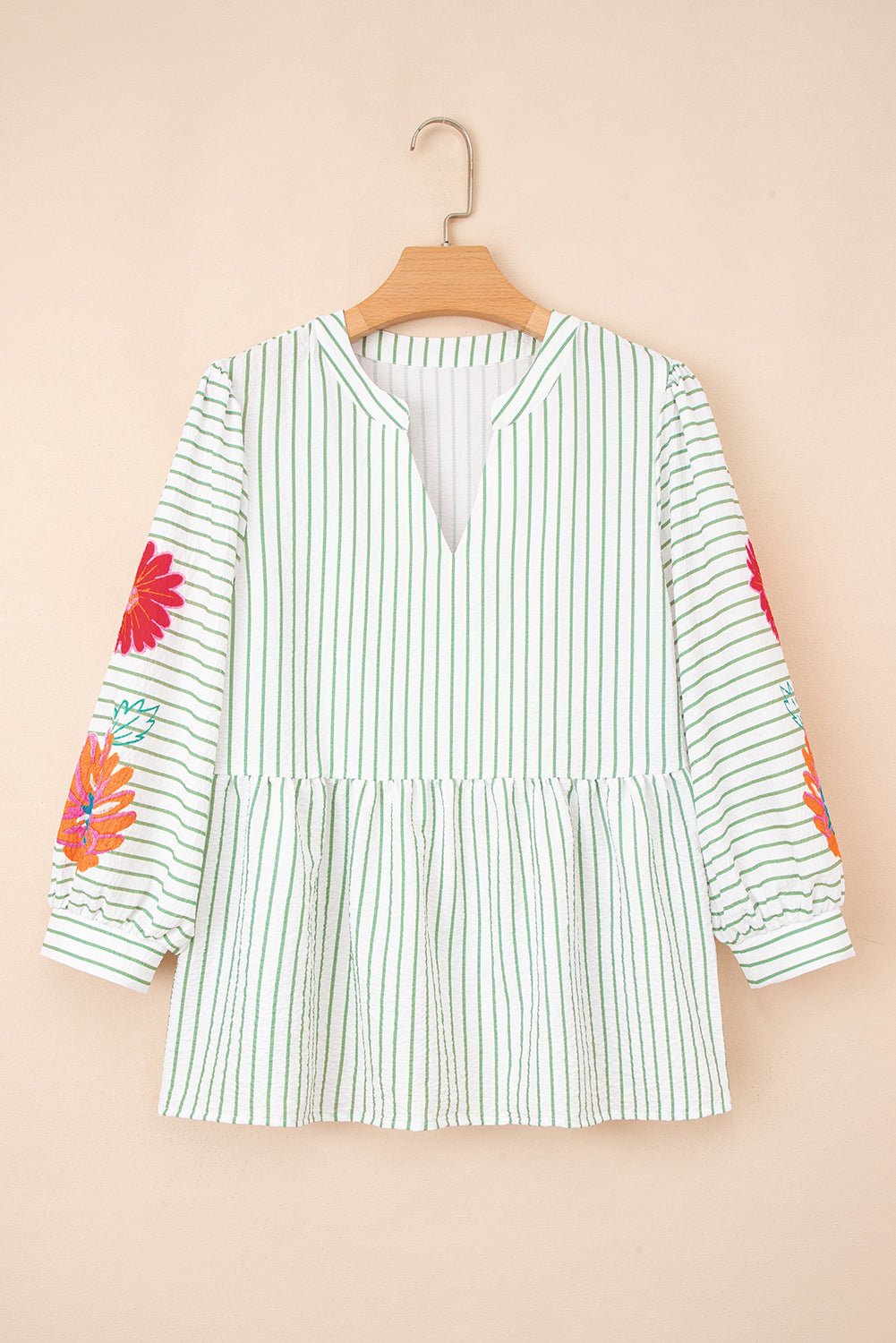 Floral Stripe Puff Sleeve Notched V-Neck Blouse - Rooted & Reckless Co.