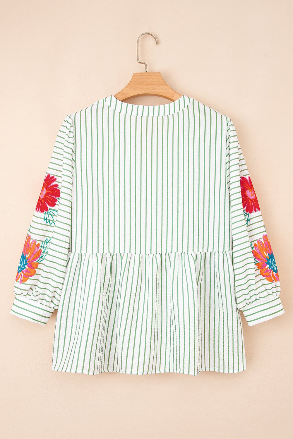 Floral Stripe Puff Sleeve Notched V-Neck Blouse - Rooted & Reckless Co.