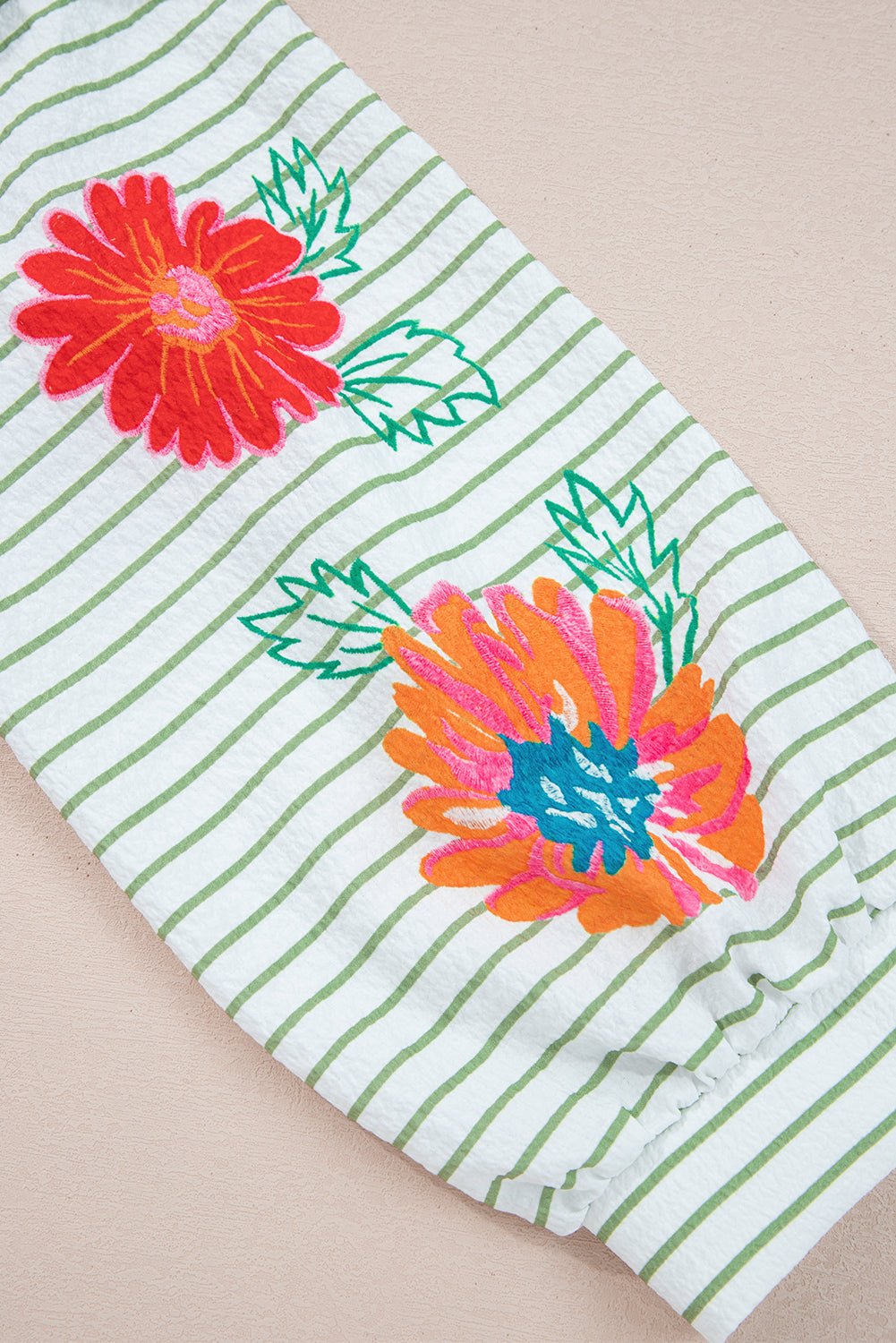 Floral Stripe Puff Sleeve Notched V-Neck Blouse - Rooted & Reckless Co.