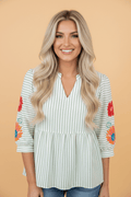 Floral Stripe Puff Sleeve Notched V-Neck Blouse - Rooted & Reckless Co.