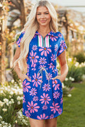 Floral Stripe Quarter-Zip Cap Sleeve Mini Dress - Rooted & Reckless Co.