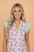 Floral Stripe Ruffle Trim V-Neck Blouse - Rooted & Reckless Co.