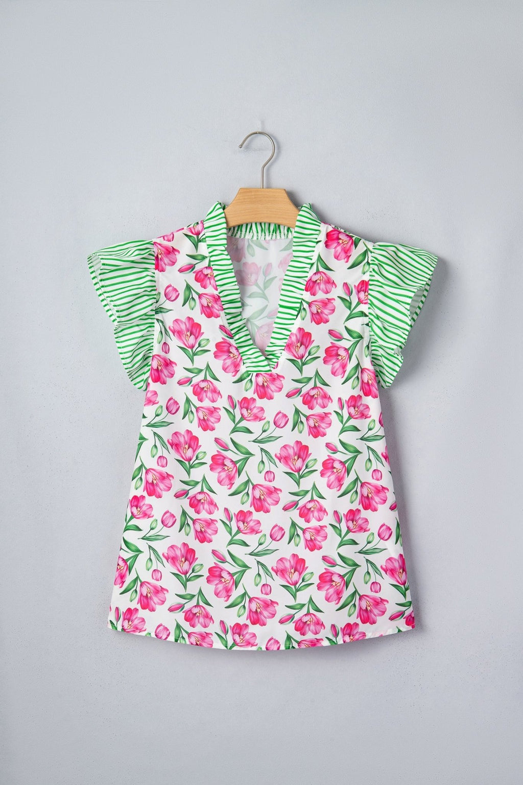 Floral Stripe Ruffle Trim V-Neck Blouse - Rooted & Reckless Co.