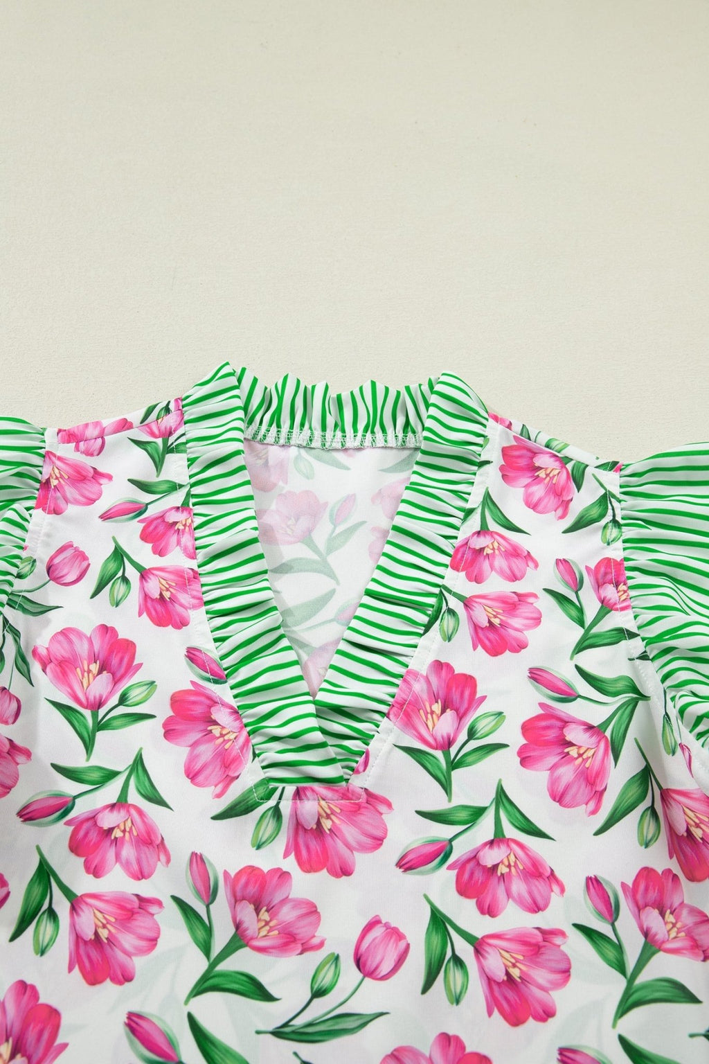 Floral Stripe Ruffle Trim V-Neck Blouse - Rooted & Reckless Co.