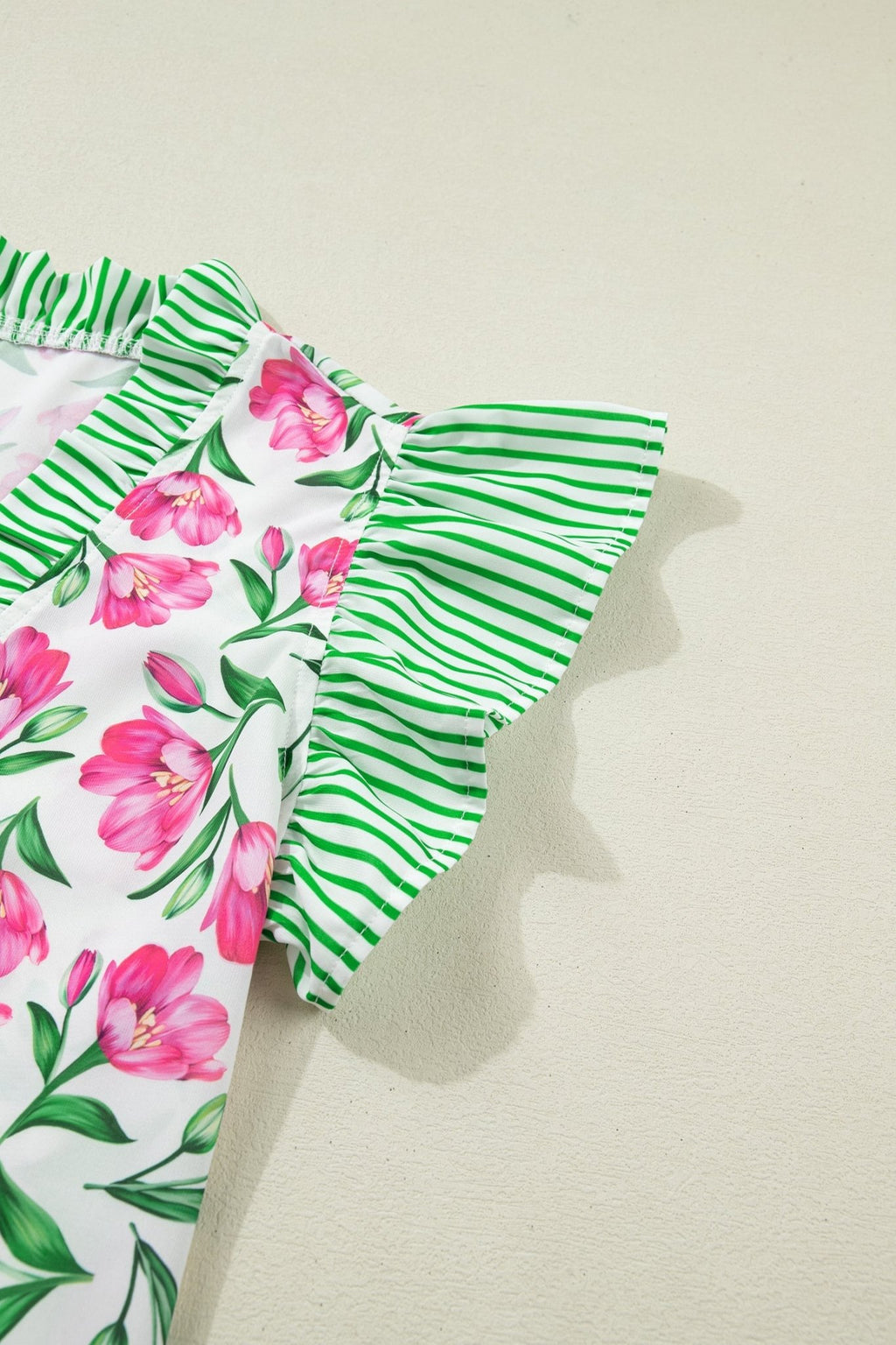 Floral Stripe Ruffle Trim V-Neck Blouse - Rooted & Reckless Co.
