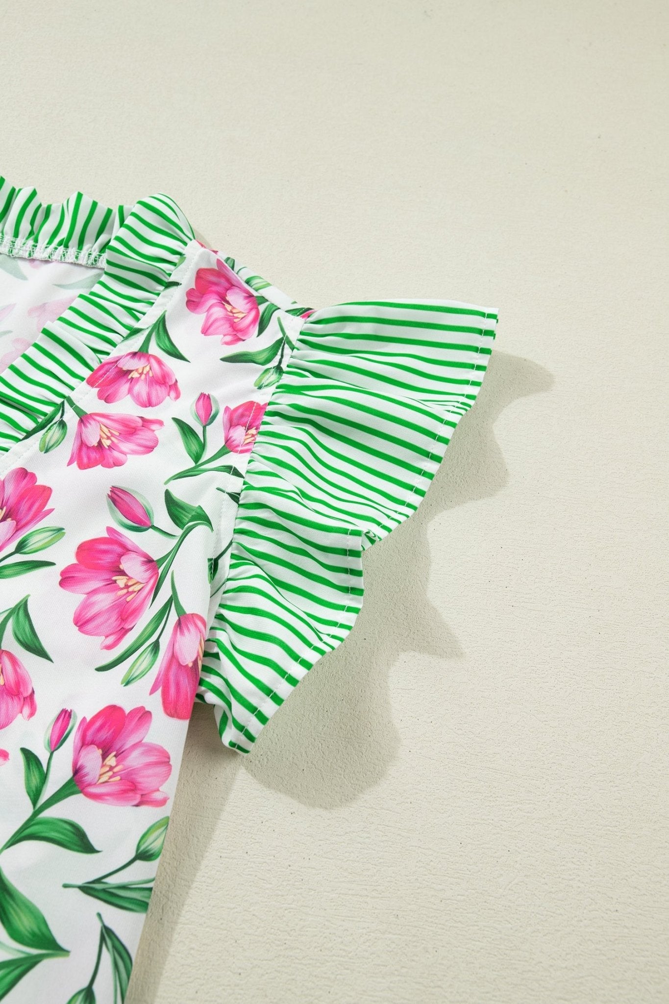 Floral Stripe Ruffle Trim V-Neck Blouse - Rooted & Reckless Co.