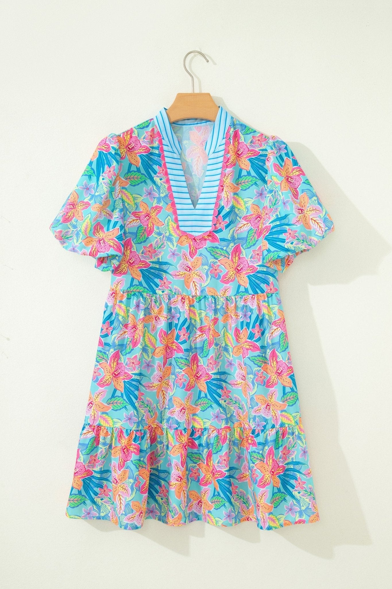 Floral Stripe Scallop Trim V-Neck Tiered Dress - Rooted & Reckless Co.