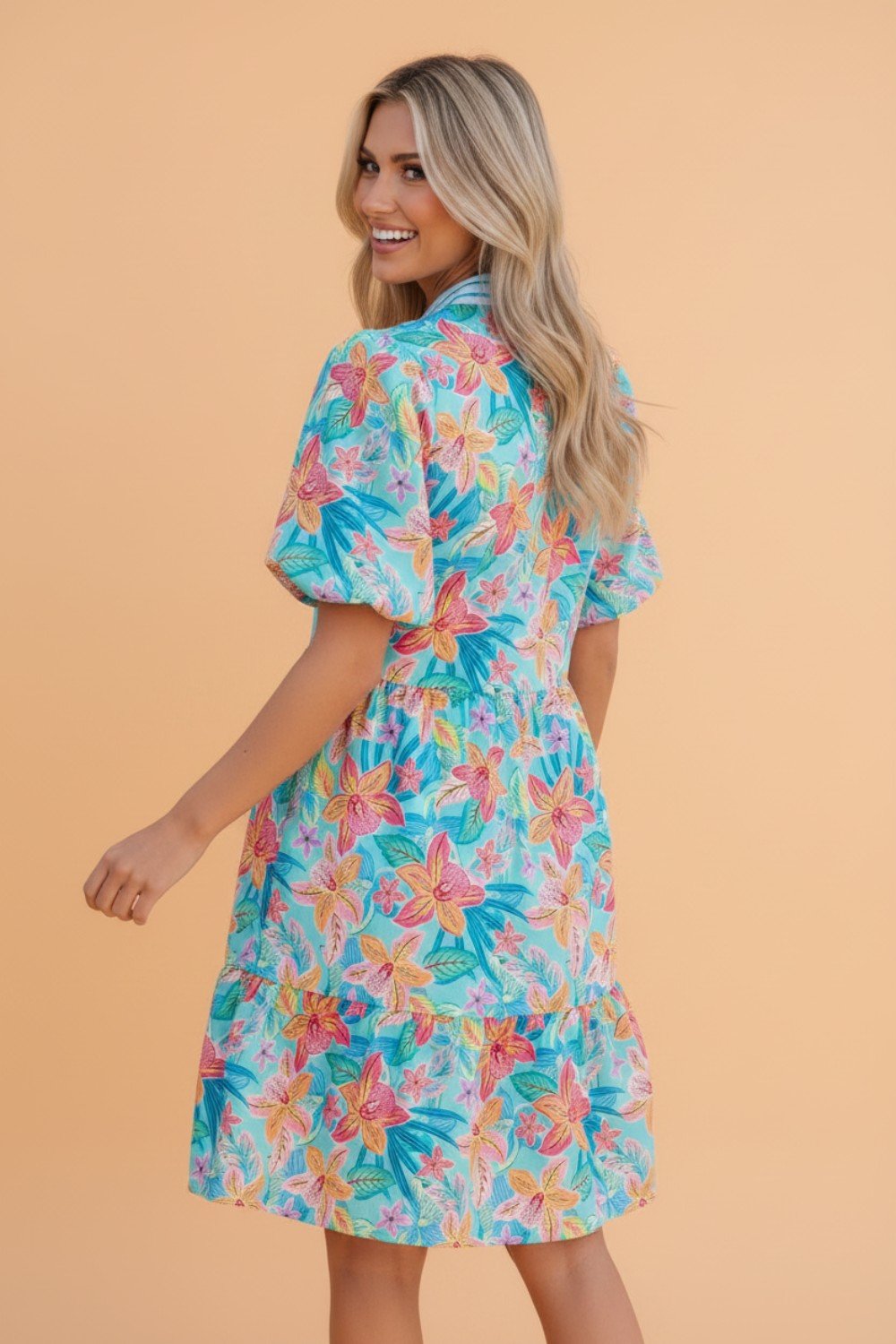 Floral Stripe Scallop Trim V-Neck Tiered Dress - Rooted & Reckless Co.