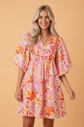 Floral Stripe Tie Neck Puff Sleeve Mini Dress - Rooted & Reckless Co.