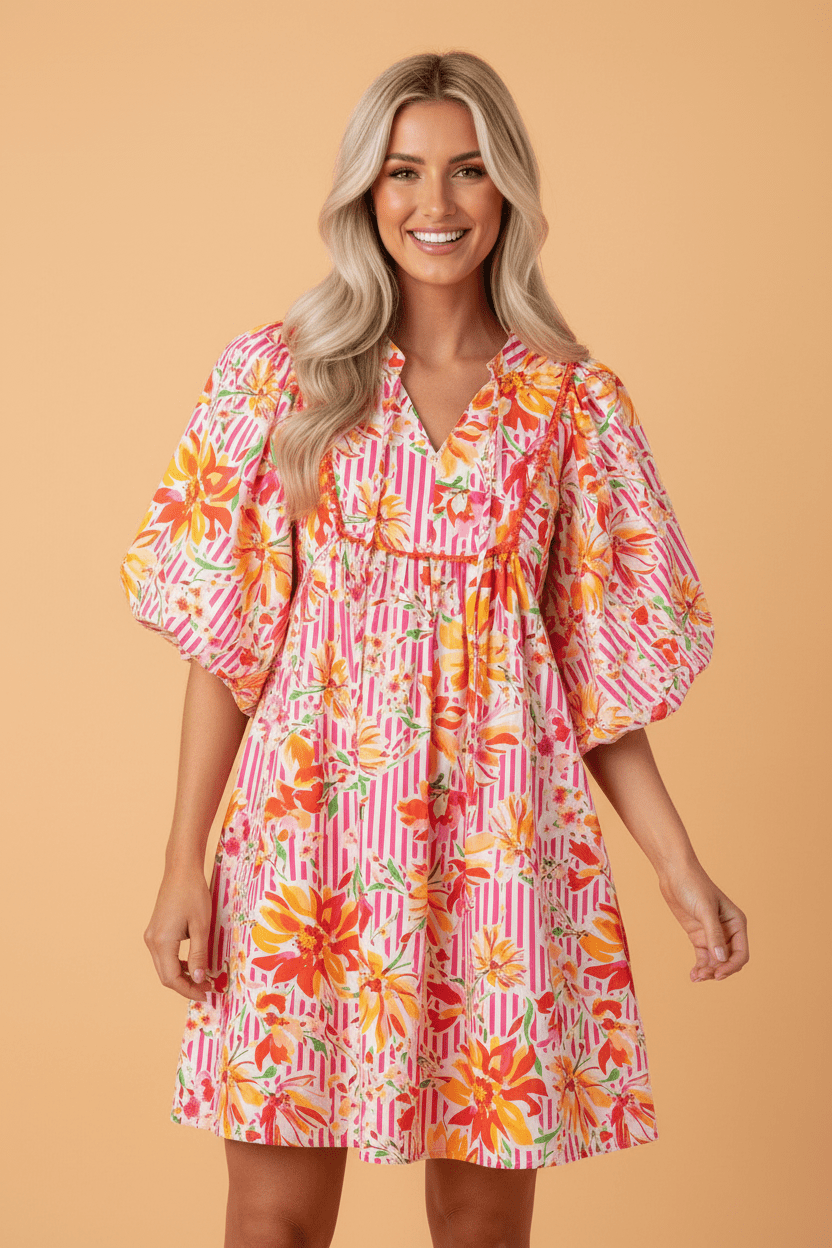 Floral Stripe Tie Neck Puff Sleeve Mini Dress - Rooted & Reckless Co.