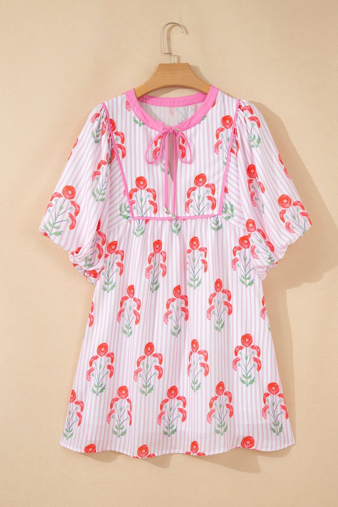 Floral Stripe Tie Neck Puff Sleeve Mini Dress - Rooted & Reckless Co.