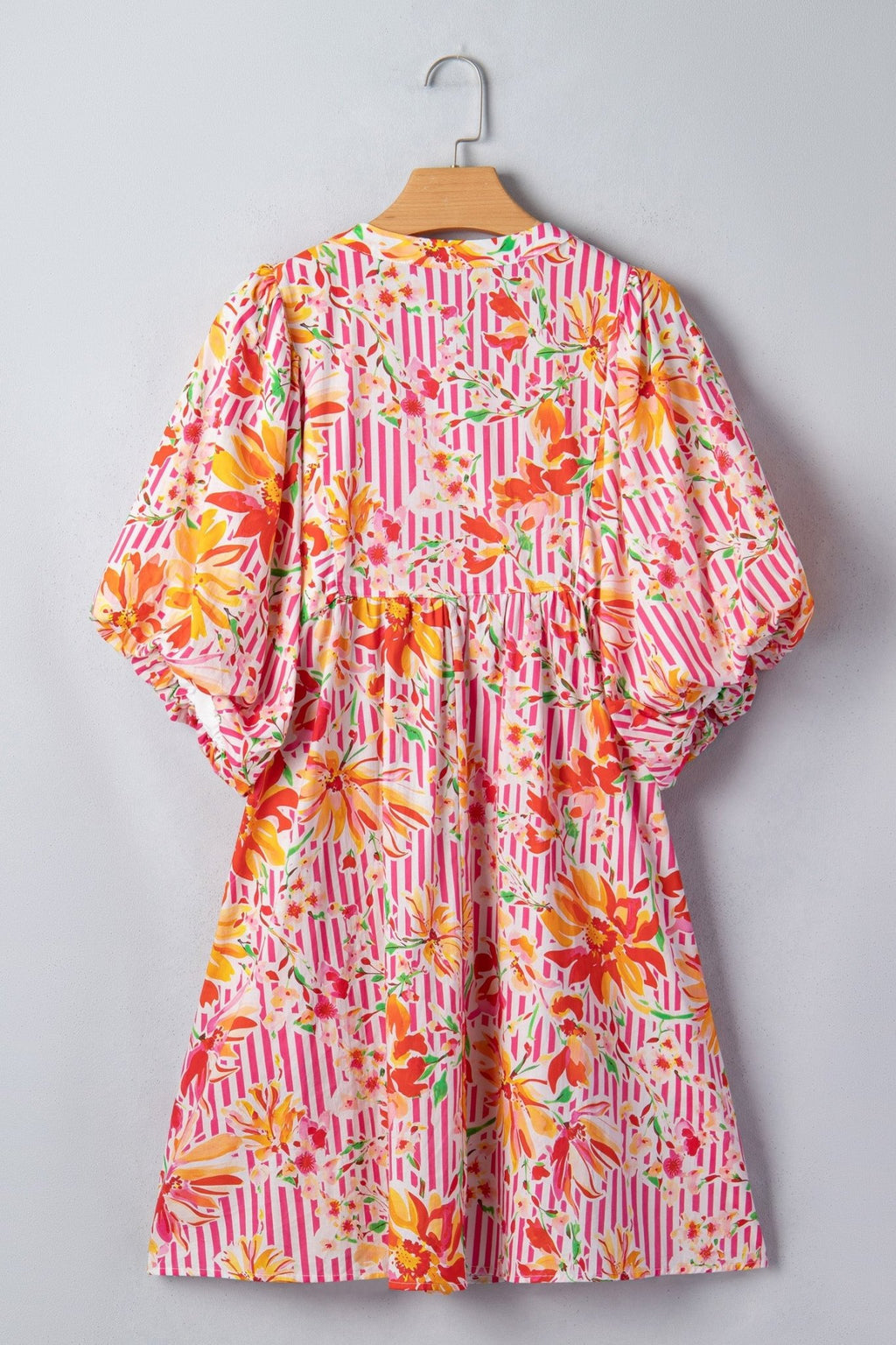 Floral Stripe Tie Neck Puff Sleeve Mini Dress - Rooted & Reckless Co.