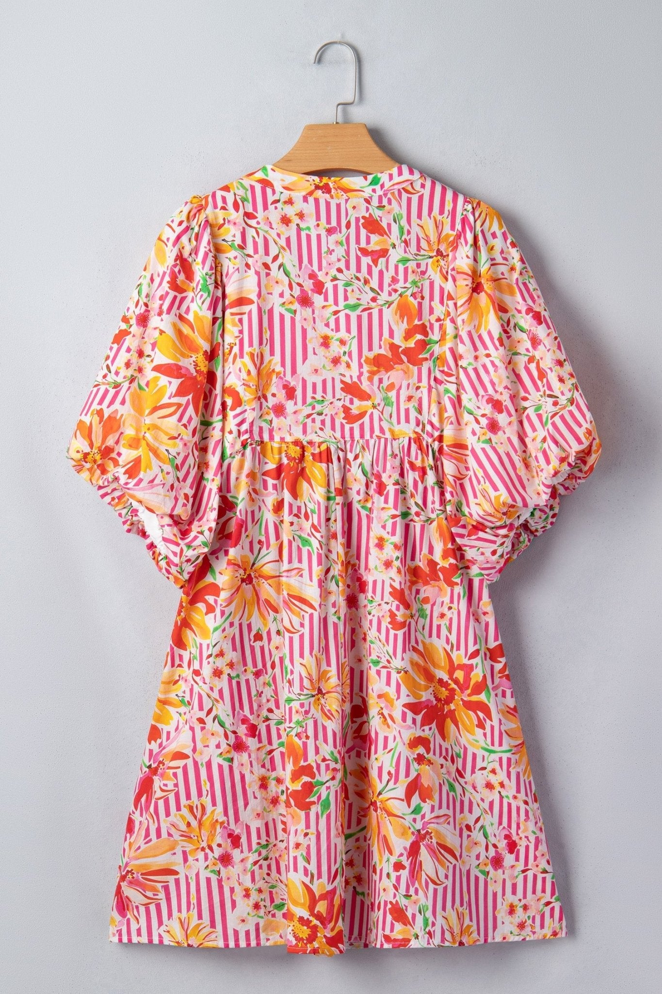 Floral Stripe Tie Neck Puff Sleeve Mini Dress - Rooted & Reckless Co.