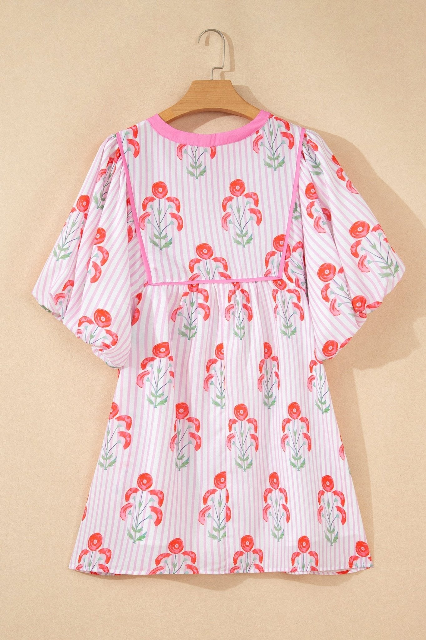Floral Stripe Tie Neck Puff Sleeve Mini Dress - Rooted & Reckless Co.