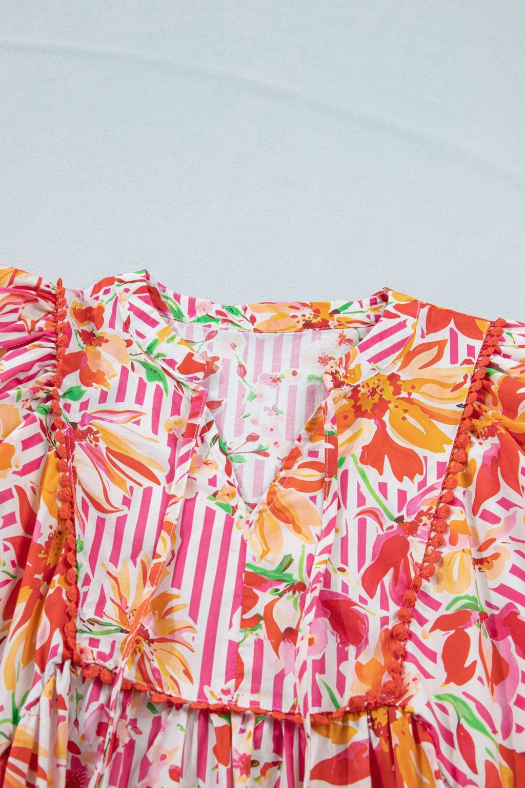 Floral Stripe Tie Neck Puff Sleeve Mini Dress - Rooted & Reckless Co.