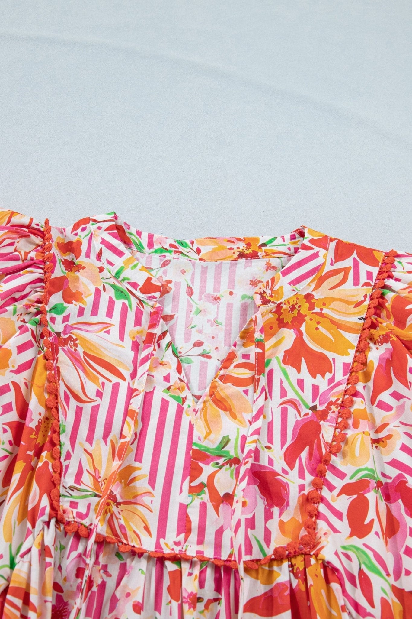 Floral Stripe Tie Neck Puff Sleeve Mini Dress - Rooted & Reckless Co.