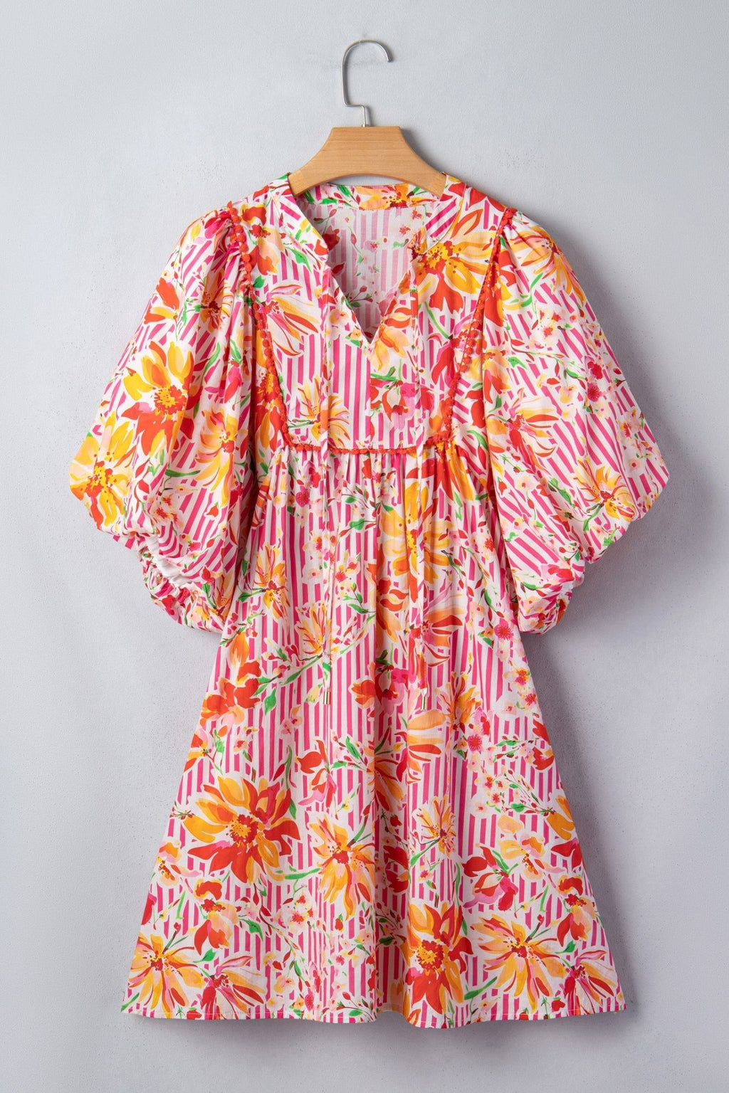 Floral Stripe Tie Neck Puff Sleeve Mini Dress - Rooted & Reckless Co.