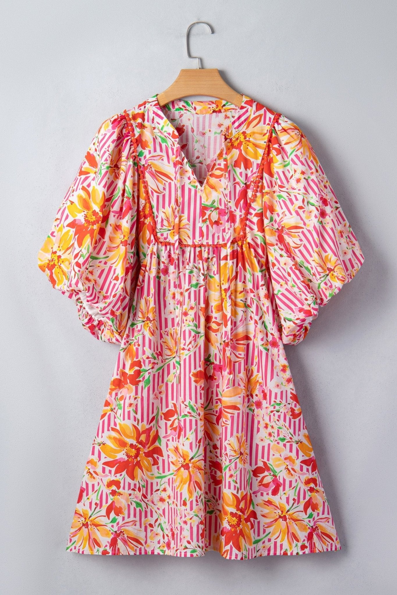 Floral Stripe Tie Neck Puff Sleeve Mini Dress - Rooted & Reckless Co.