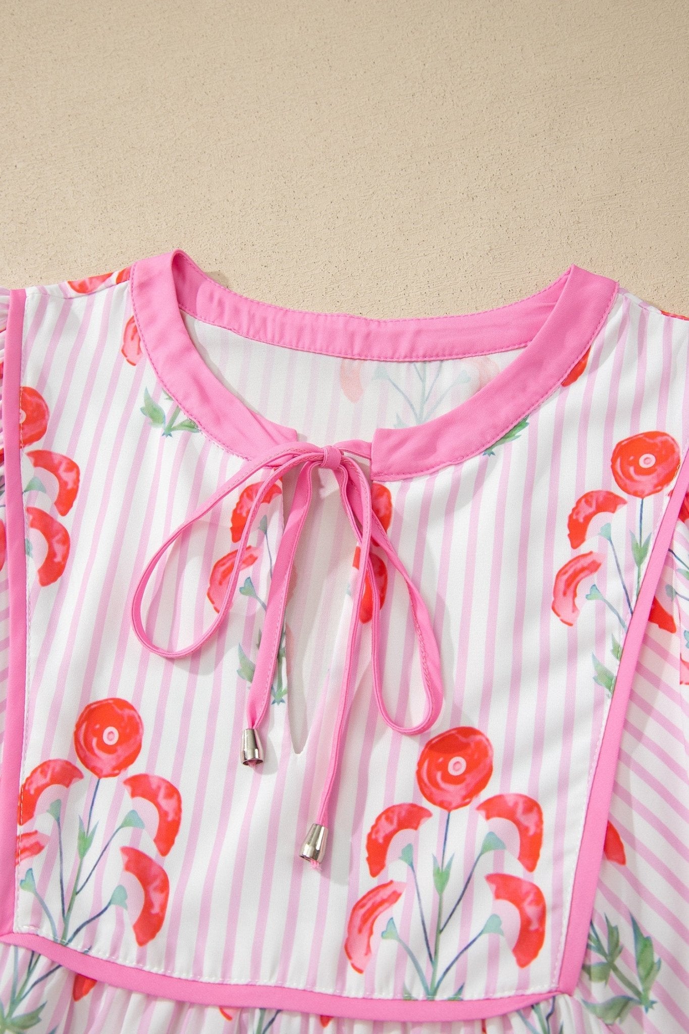 Floral Stripe Tie Neck Puff Sleeve Mini Dress - Rooted & Reckless Co.