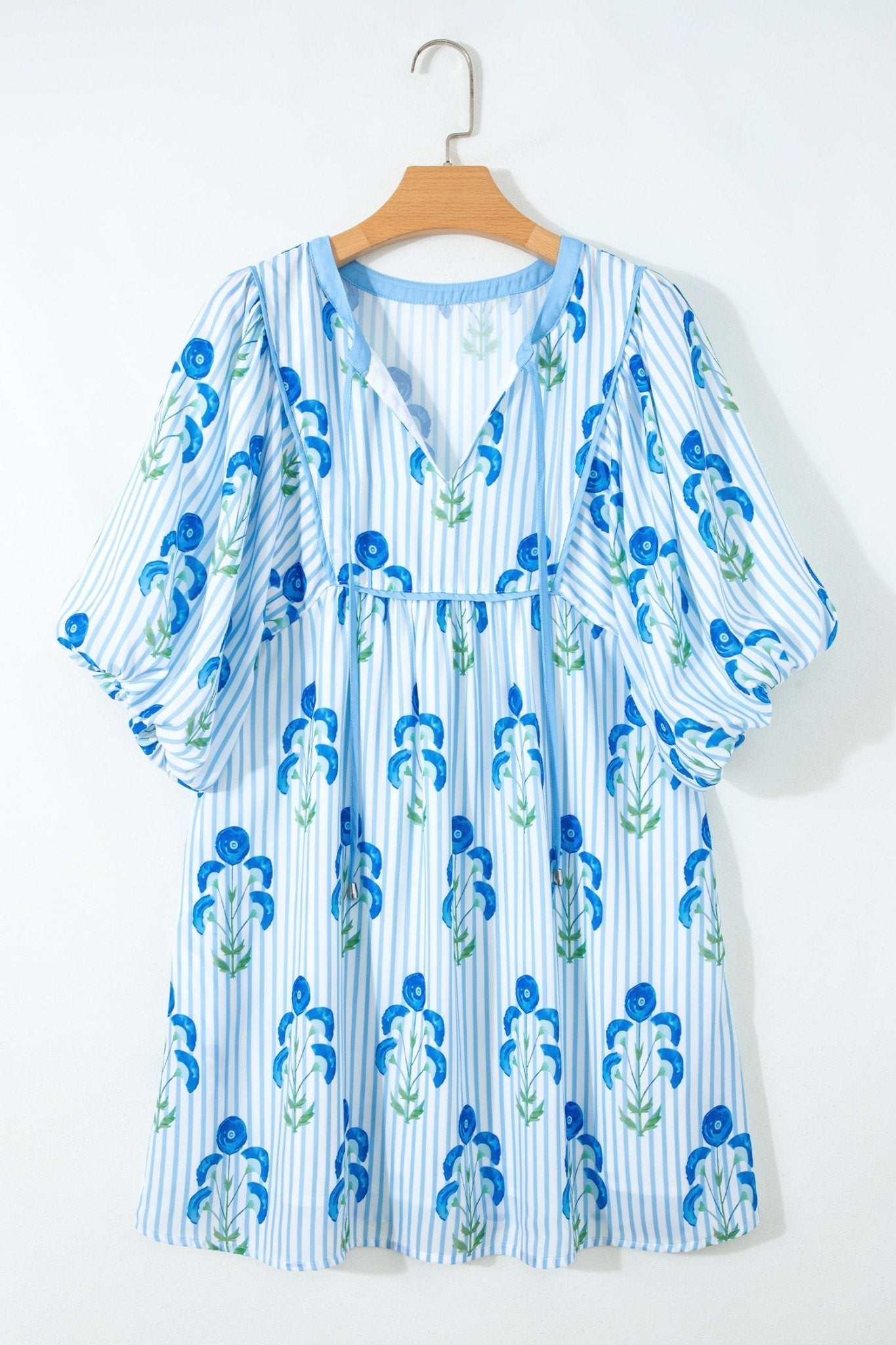 Floral Stripe Tie Notch Puff Sleeve Dress - Rooted & Reckless Co.