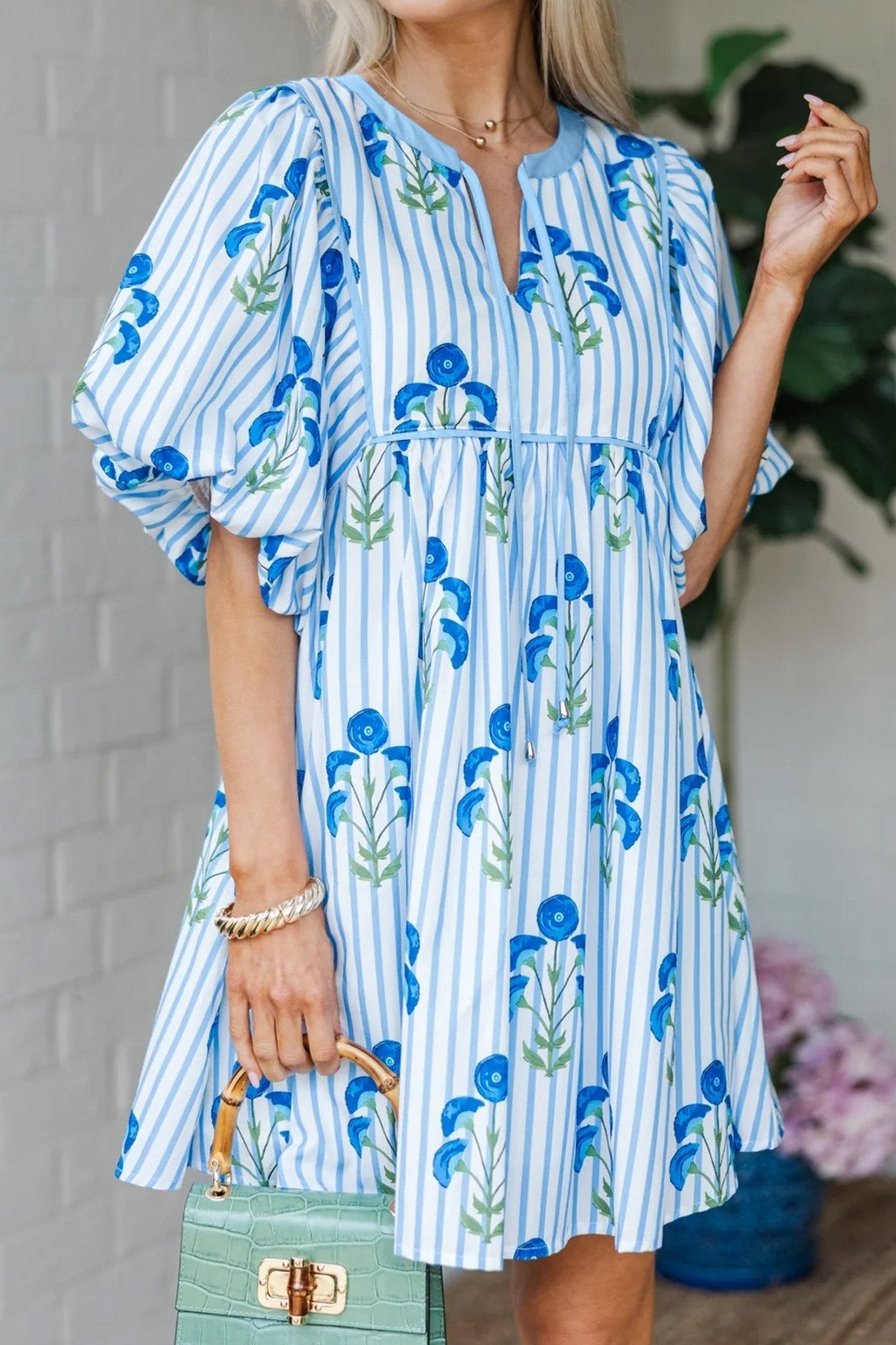 Floral Stripe Tie Notch Puff Sleeve Dress - Rooted & Reckless Co.