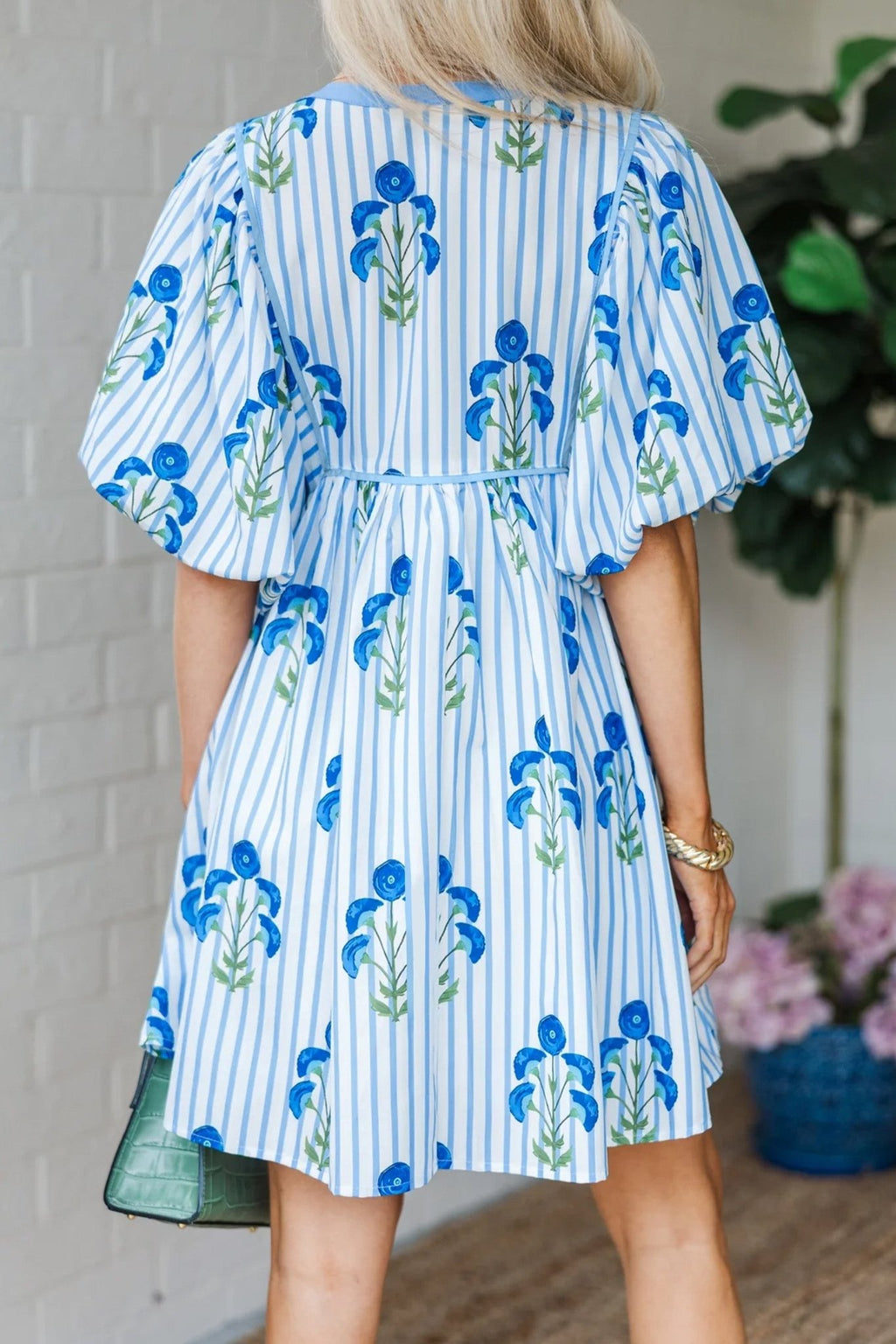 Floral Stripe Tie Notch Puff Sleeve Dress - Rooted & Reckless Co.