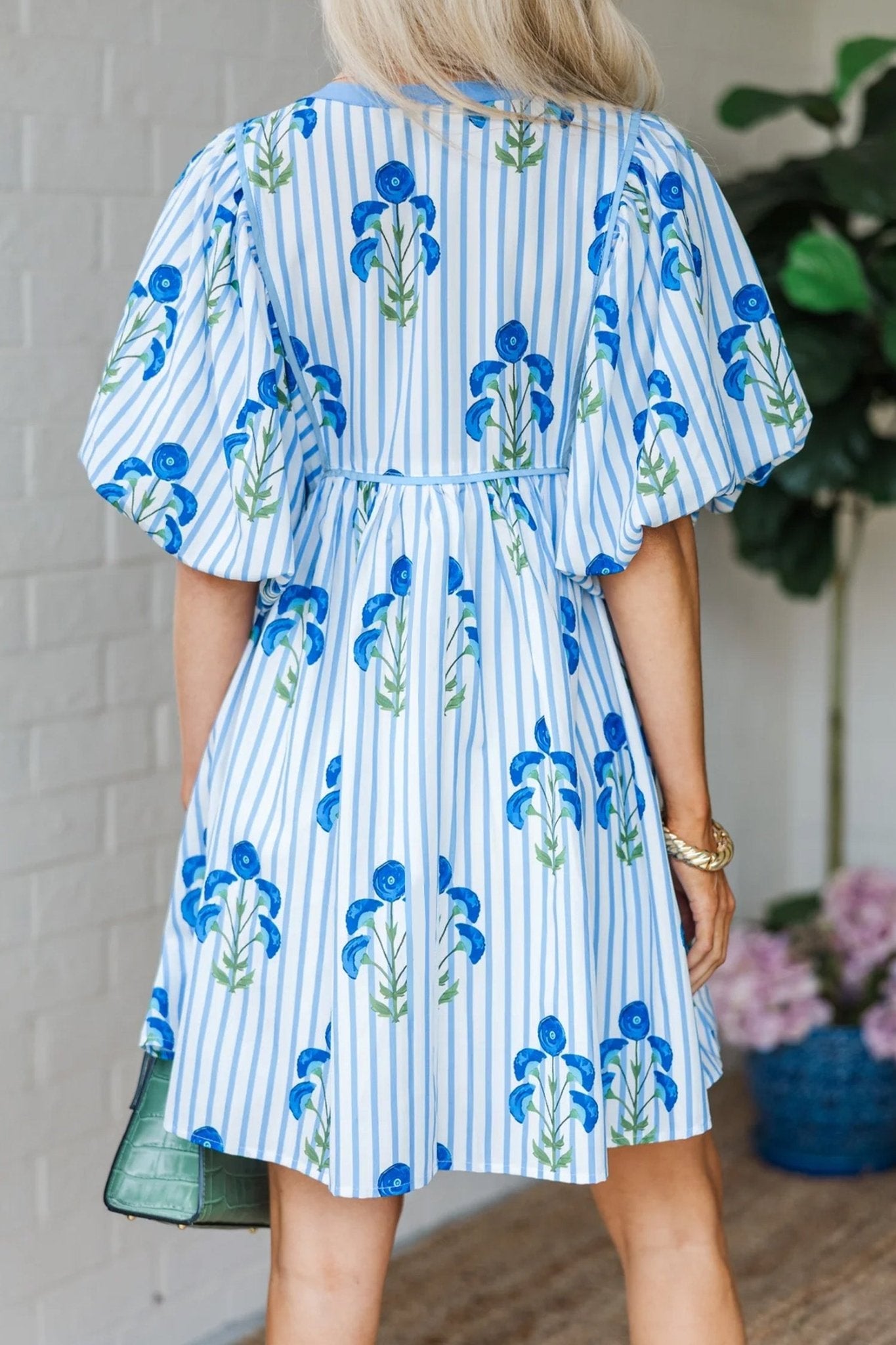Floral Stripe Tie Notch Puff Sleeve Dress - Rooted & Reckless Co.