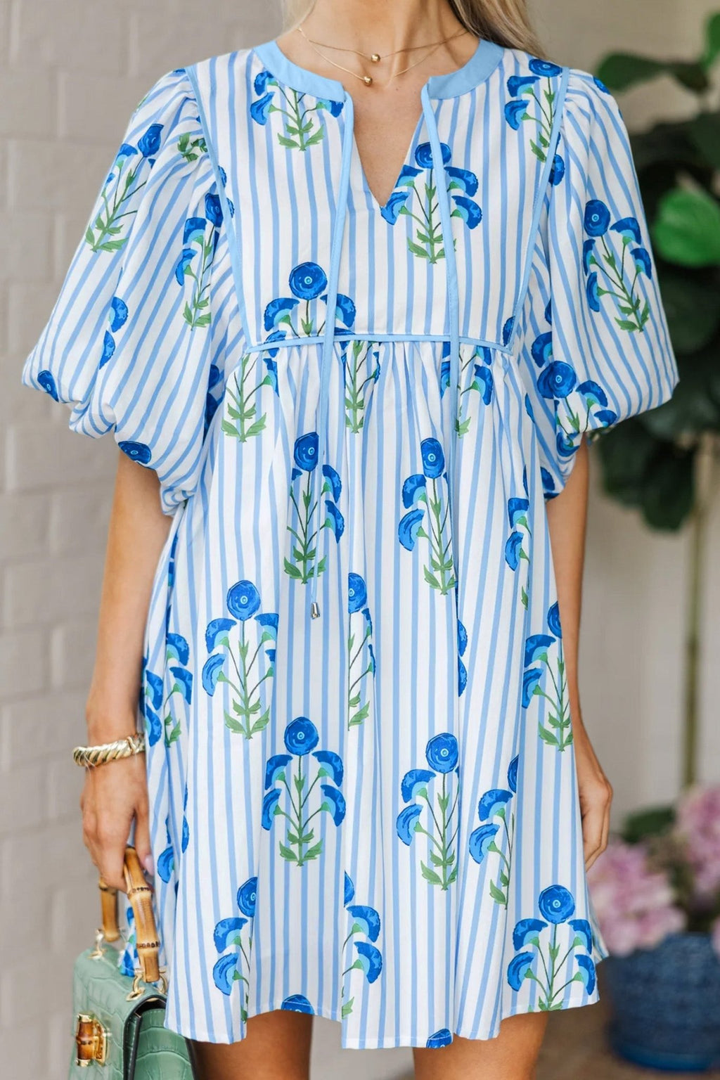 Floral Stripe Tie Notch Puff Sleeve Dress - Rooted & Reckless Co.