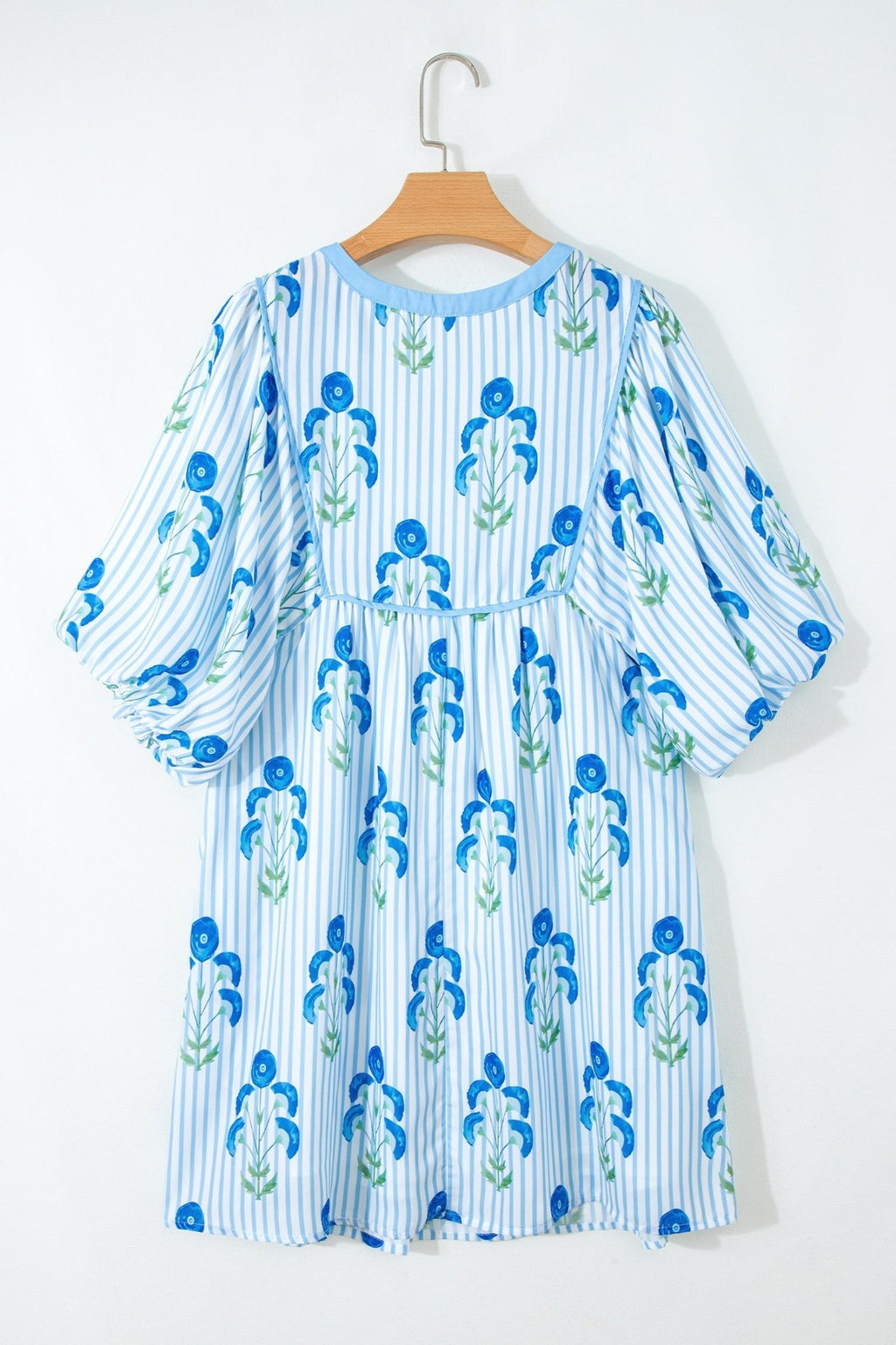 Floral Stripe Tie Notch Puff Sleeve Dress - Rooted & Reckless Co.