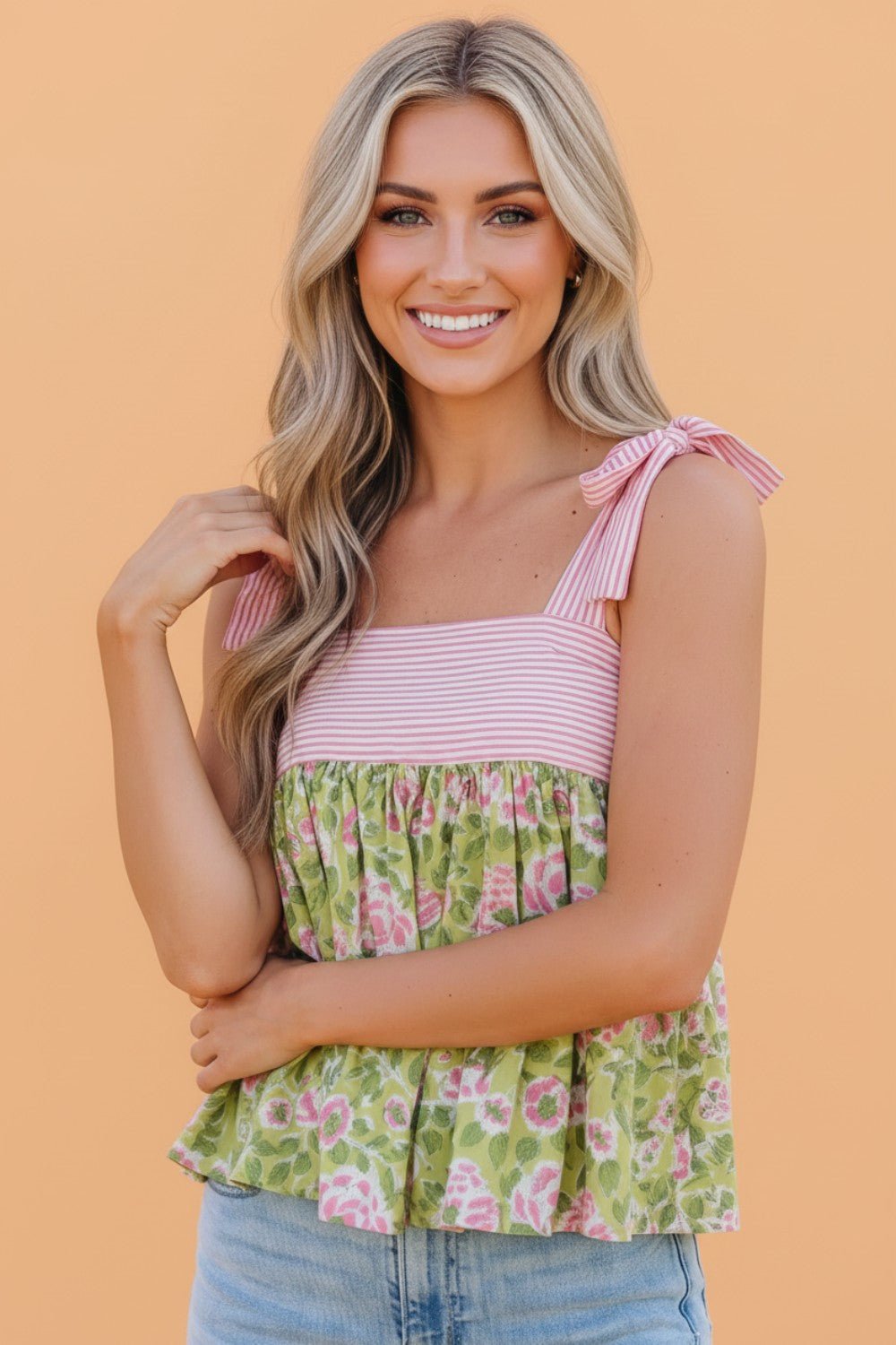 Floral Stripe Tie Strap Babydoll Tank Top - Rooted & Reckless Co.