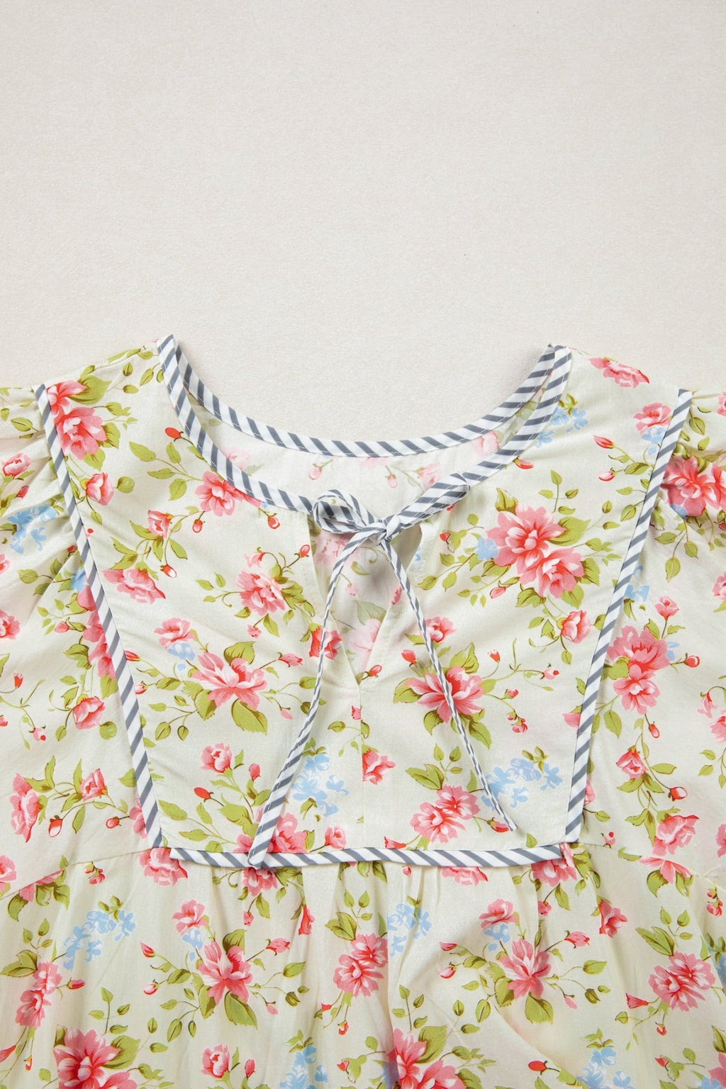 Floral Stripe Trim 3/4 Puff Sleeve Dress - Rooted & Reckless Co.