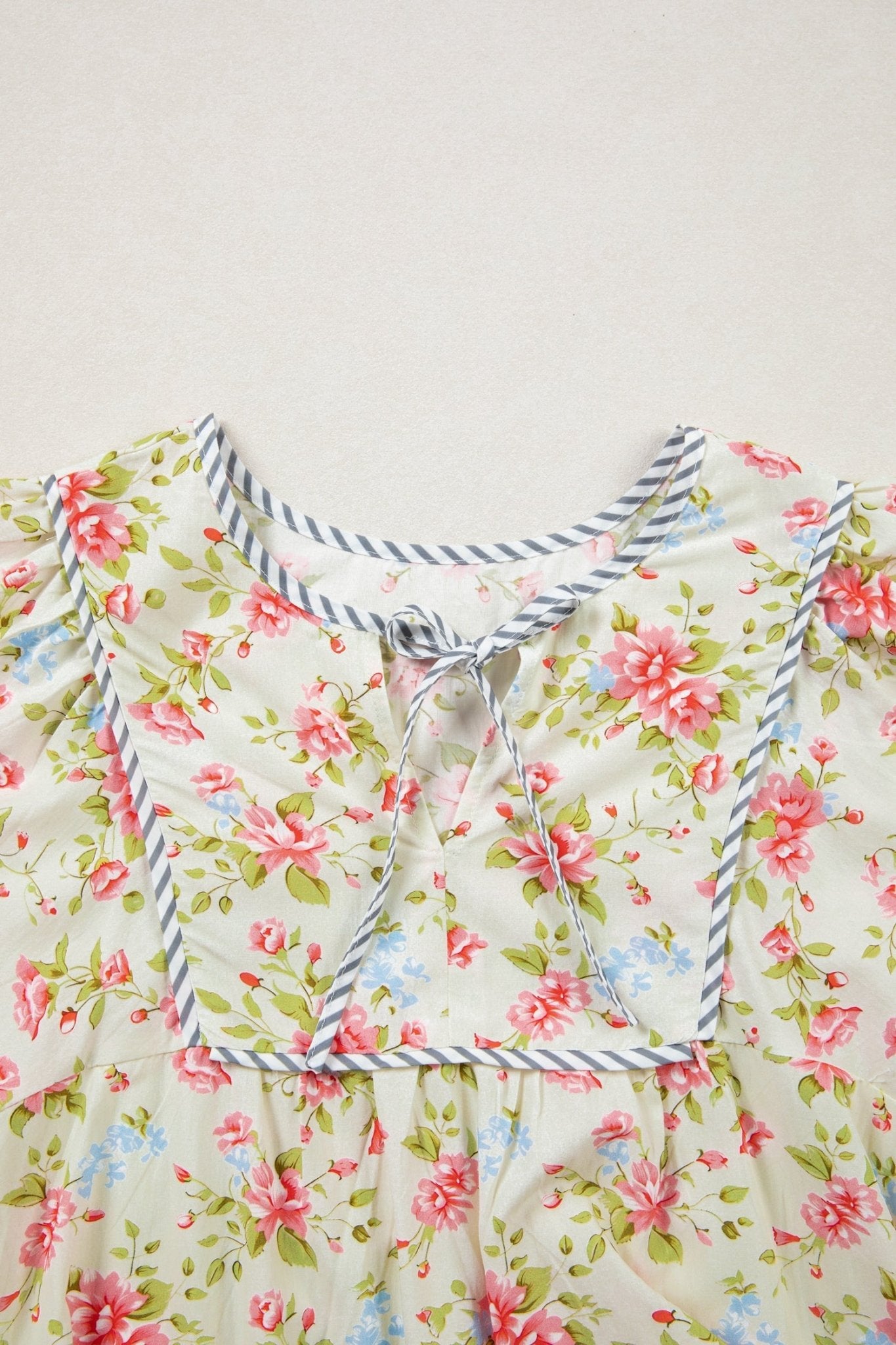 Floral Stripe Trim 3/4 Puff Sleeve Dress - Rooted & Reckless Co.