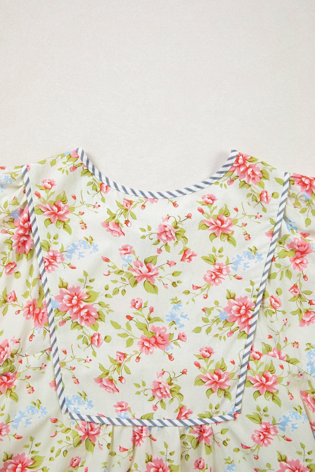 Floral Stripe Trim 3/4 Puff Sleeve Dress - Rooted & Reckless Co.