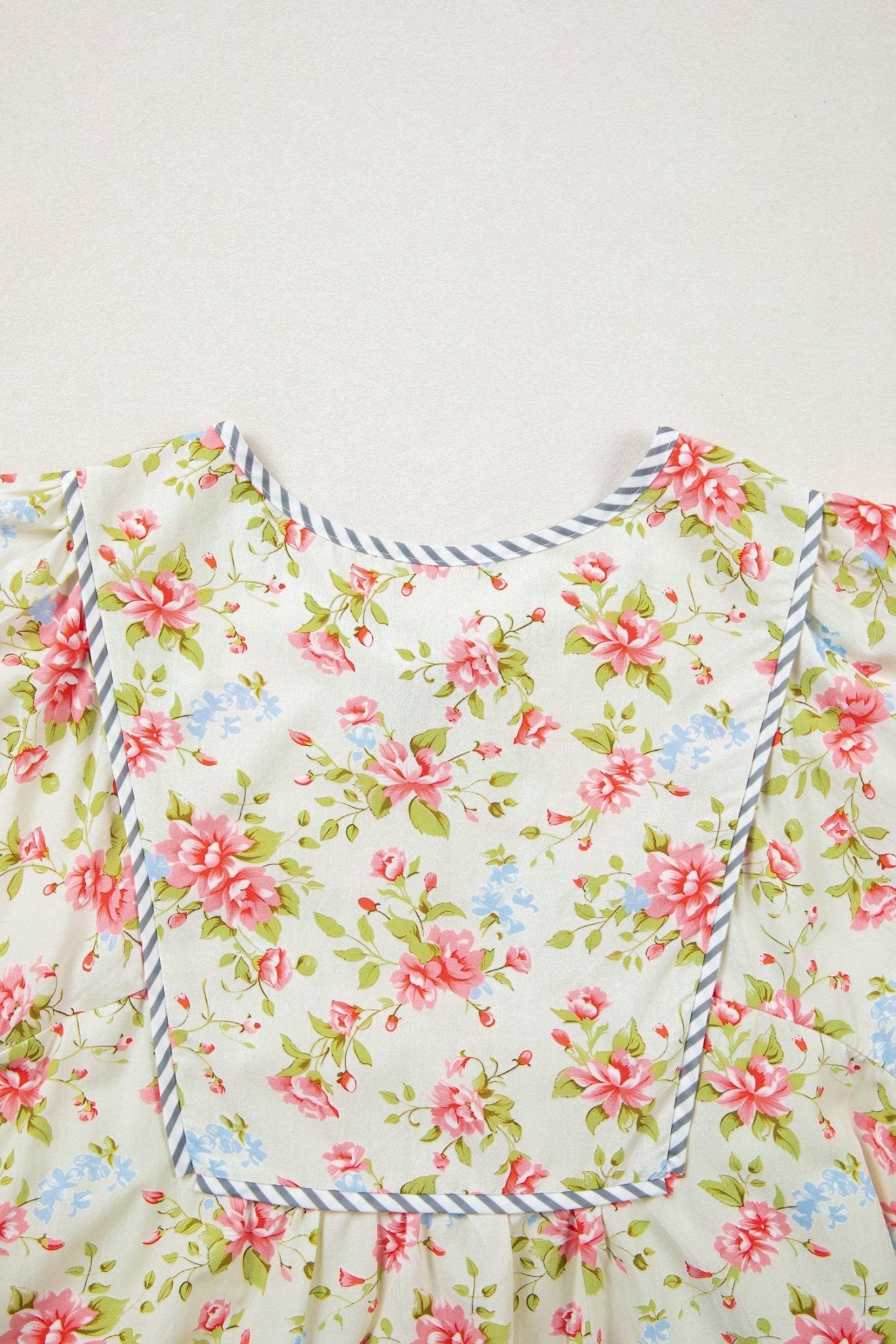 Floral Stripe Trim 3/4 Puff Sleeve Dress - Rooted & Reckless Co.