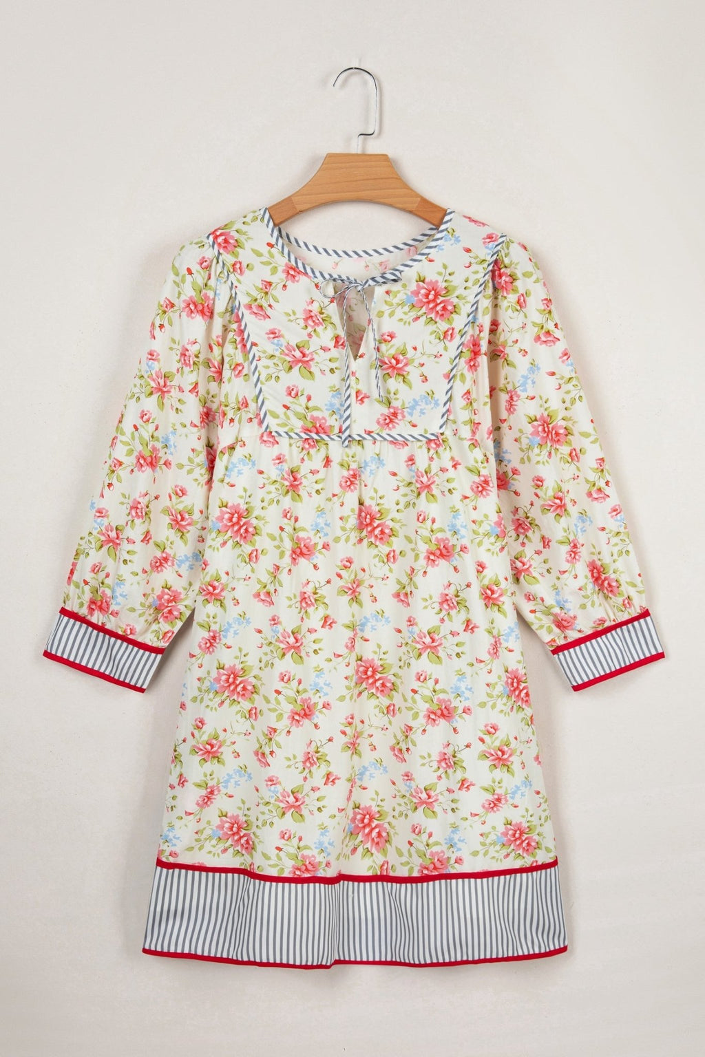 Floral Stripe Trim 3/4 Puff Sleeve Dress - Rooted & Reckless Co.