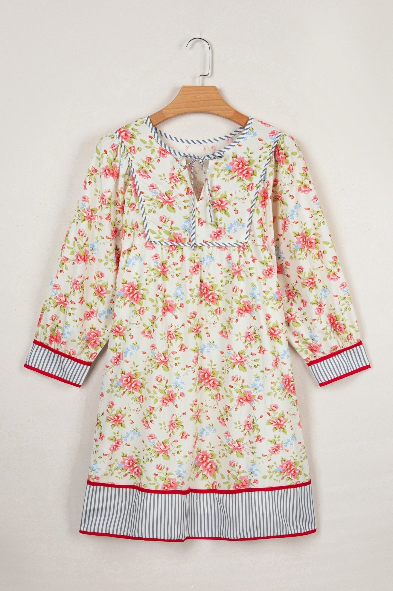 Floral Stripe Trim 3/4 Puff Sleeve Dress - Rooted & Reckless Co.