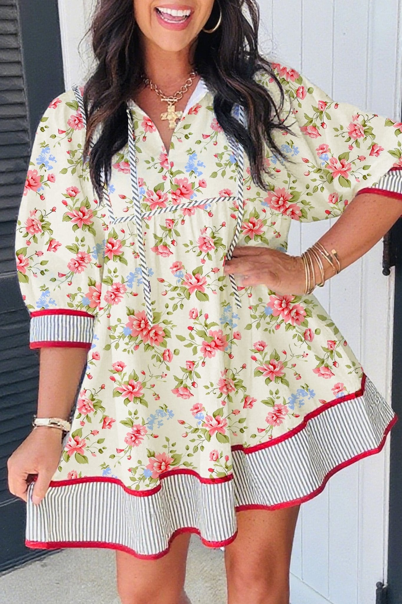 Floral Stripe Trim 3/4 Puff Sleeve Dress - Rooted & Reckless Co.