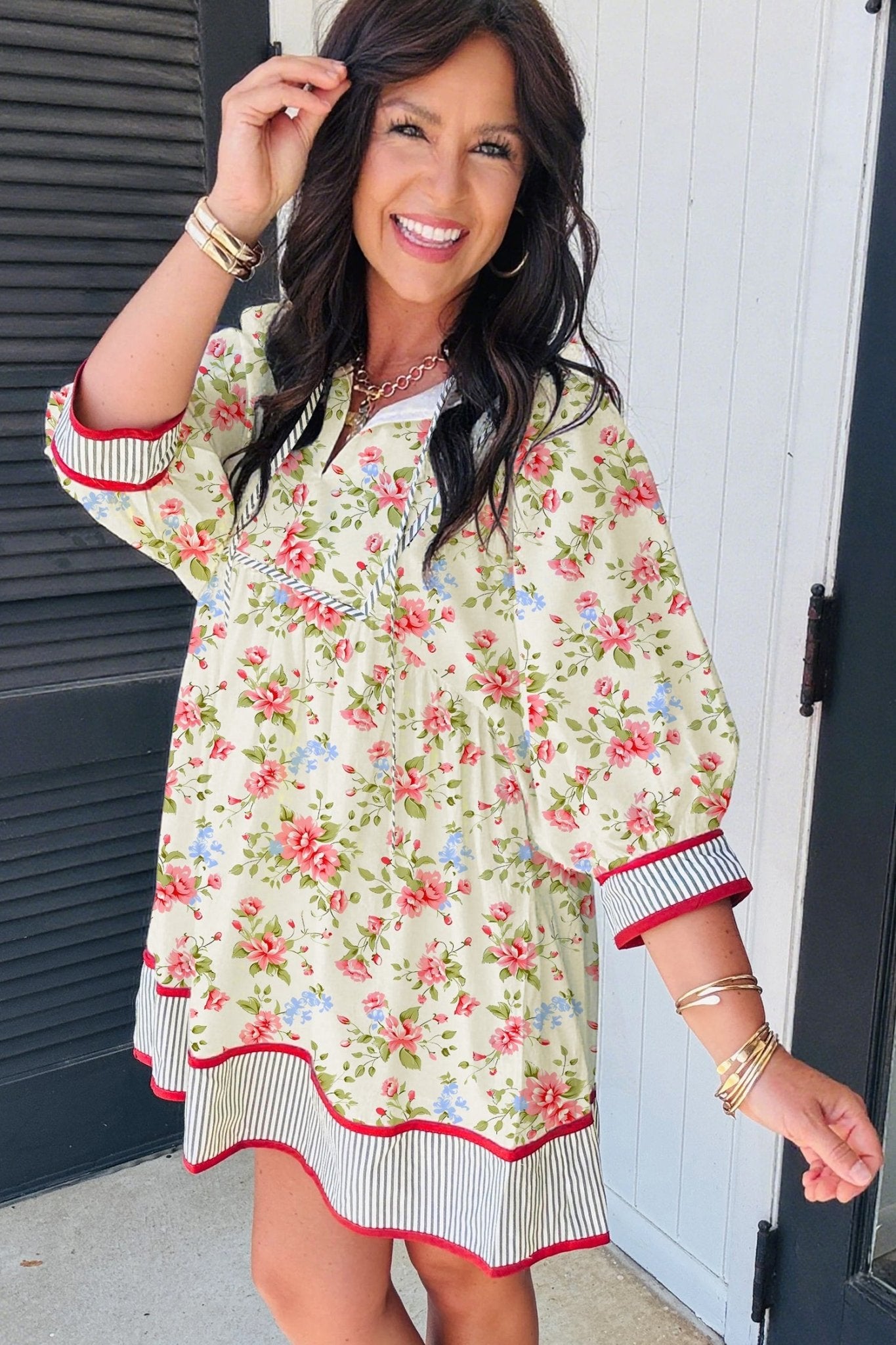 Floral Stripe Trim 3/4 Puff Sleeve Dress - Rooted & Reckless Co.