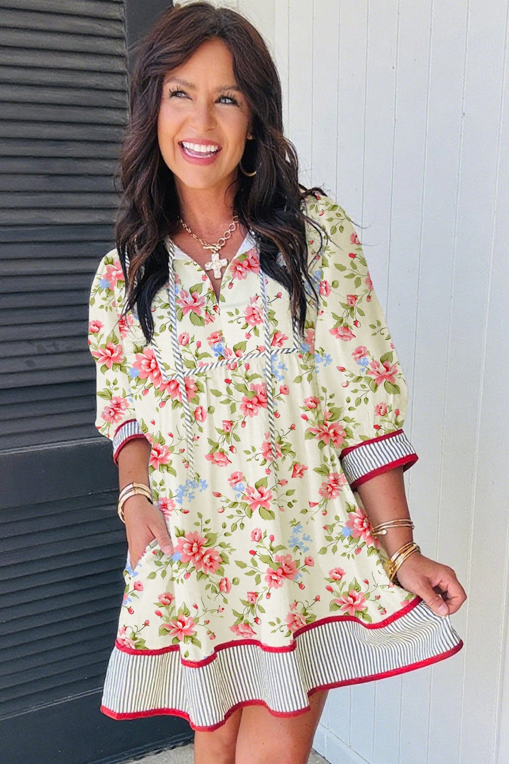 Floral Stripe Trim 3/4 Puff Sleeve Dress - Rooted & Reckless Co.