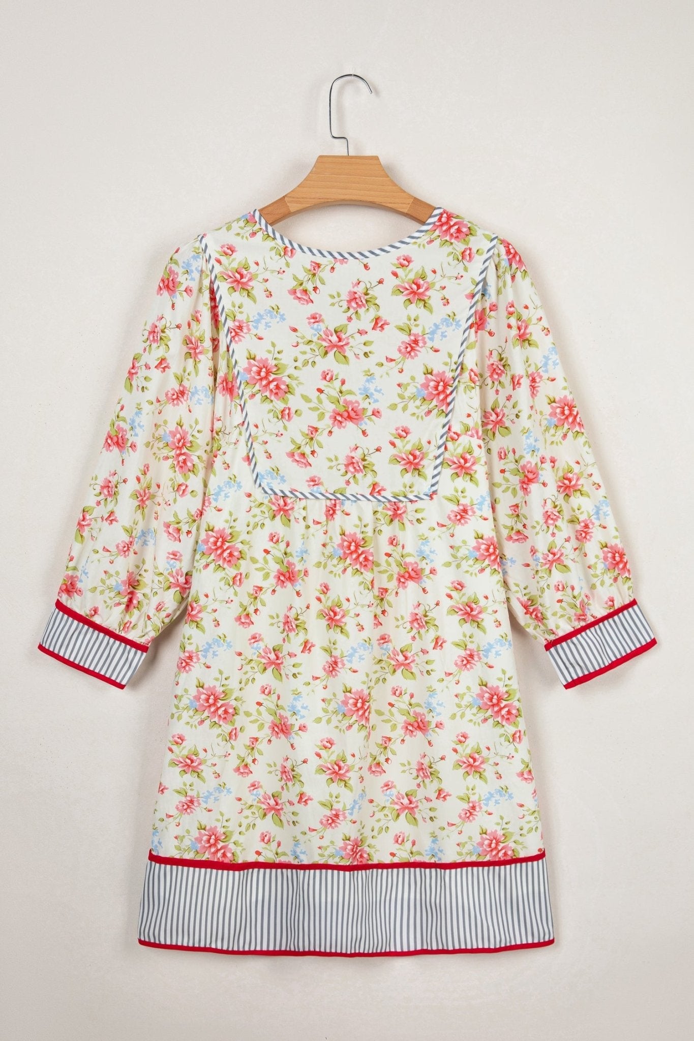 Floral Stripe Trim 3/4 Puff Sleeve Dress - Rooted & Reckless Co.