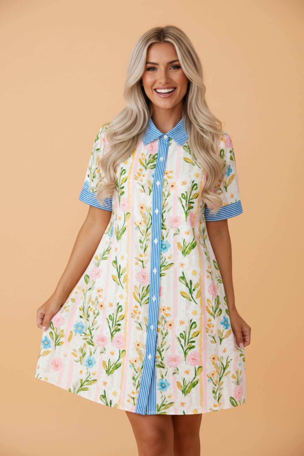 Floral Stripe Trim Button Down Dress - Rooted & Reckless Co.