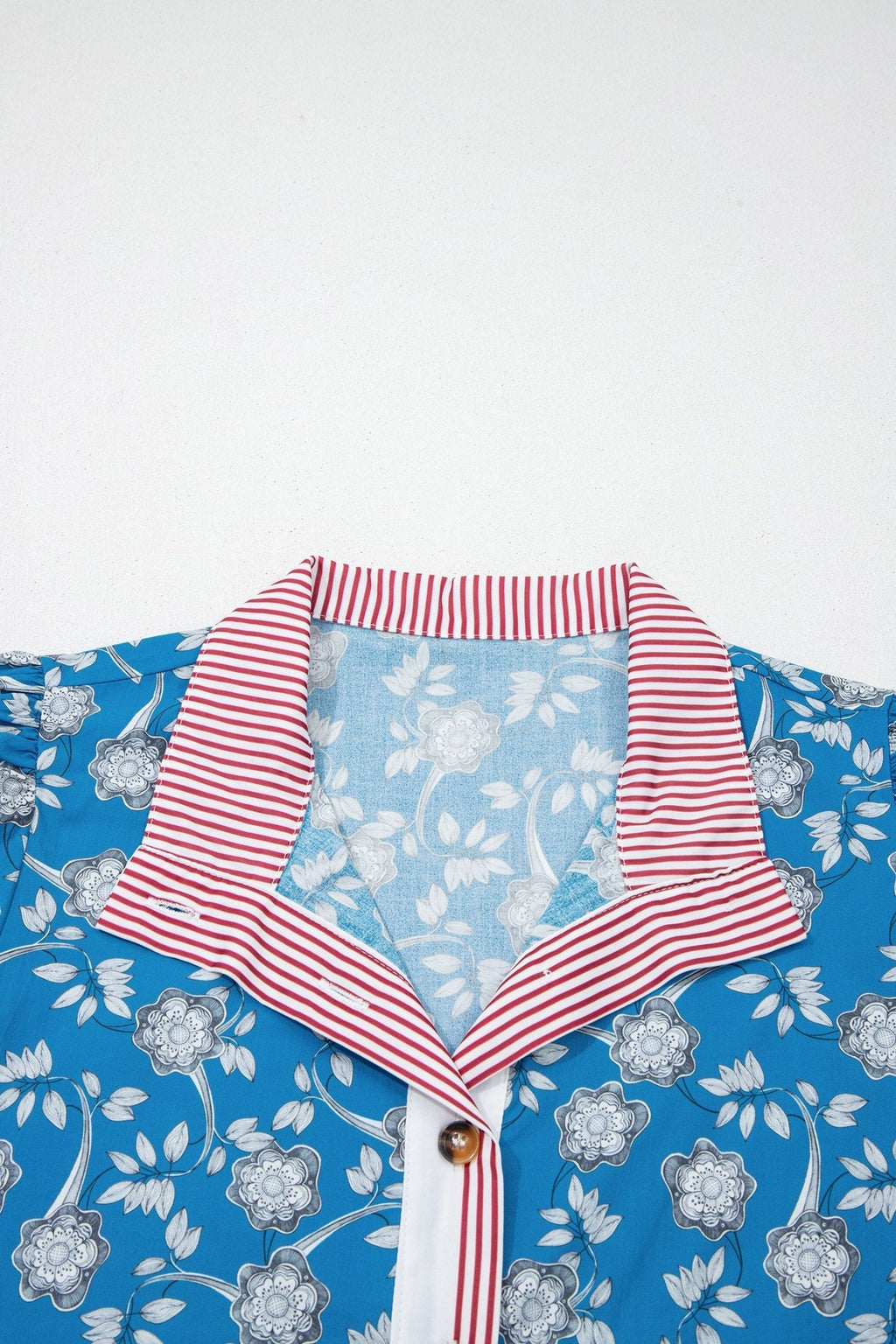 Floral Stripe Trim Button Neck Short Sleeve Blouse - Rooted & Reckless Co.