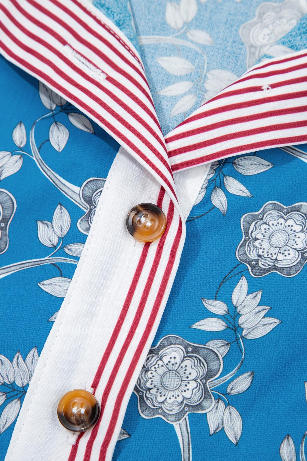 Floral Stripe Trim Button Neck Short Sleeve Blouse - Rooted & Reckless Co.